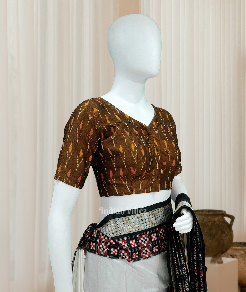 IndianVillèz Mustard Yellow Pochampally Ikat Cotton Blouse