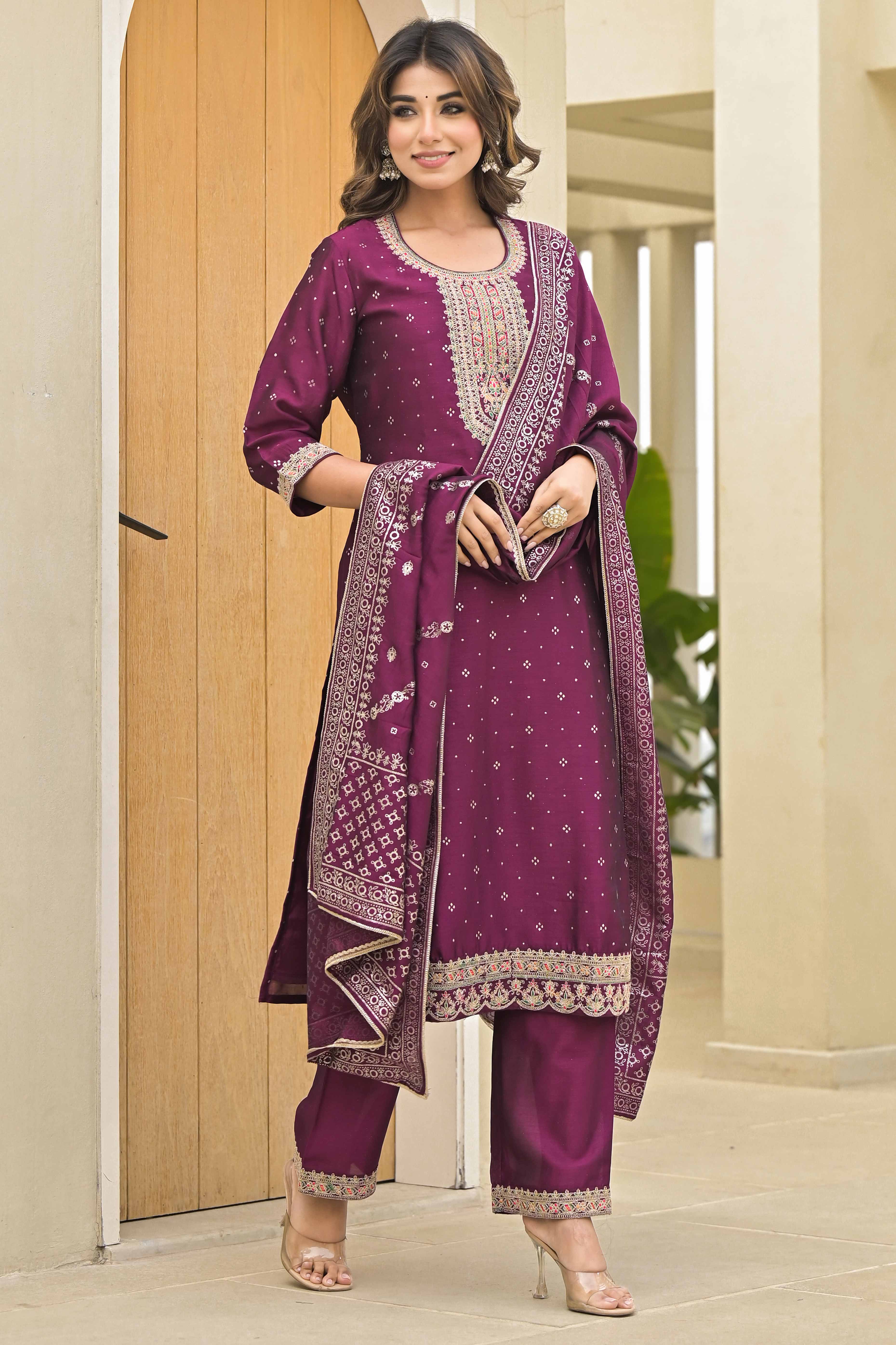 Peachmode Dark Purple Golden Embroidered Vichitra Silk Salwar Suit