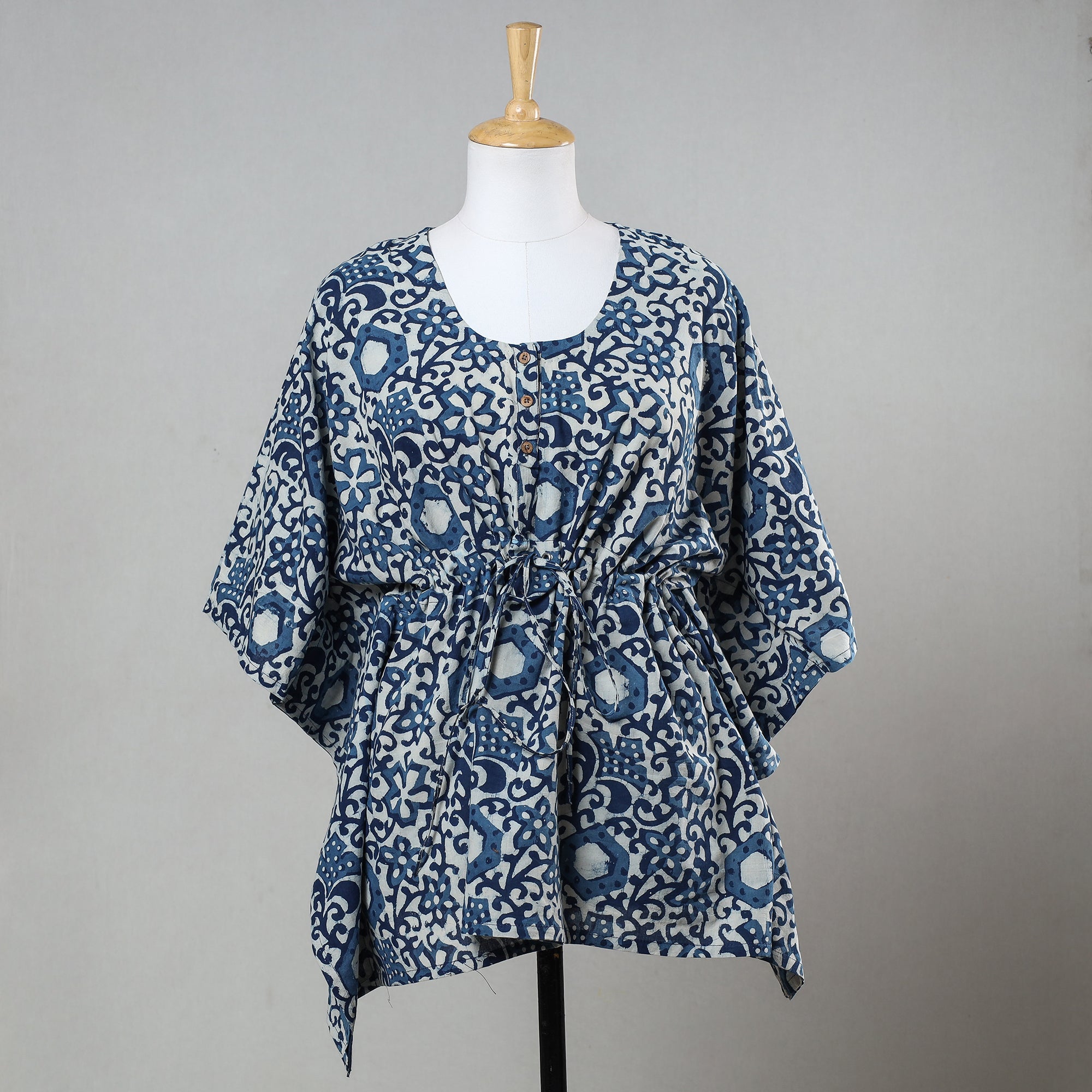 ITOKRI CASUALS Blue - Bagru Block Printed Cotton Kaftan with Tie-Up Waist (Short)