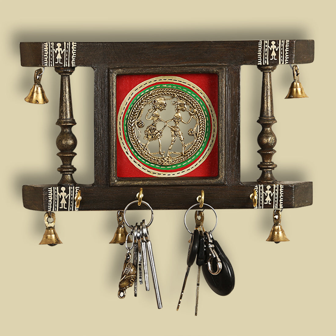 EXCLUSIVELANE 'Brass People On Teak Wood' Warli Handpainted Key Holder with Dhokra Art (4 Hooks)