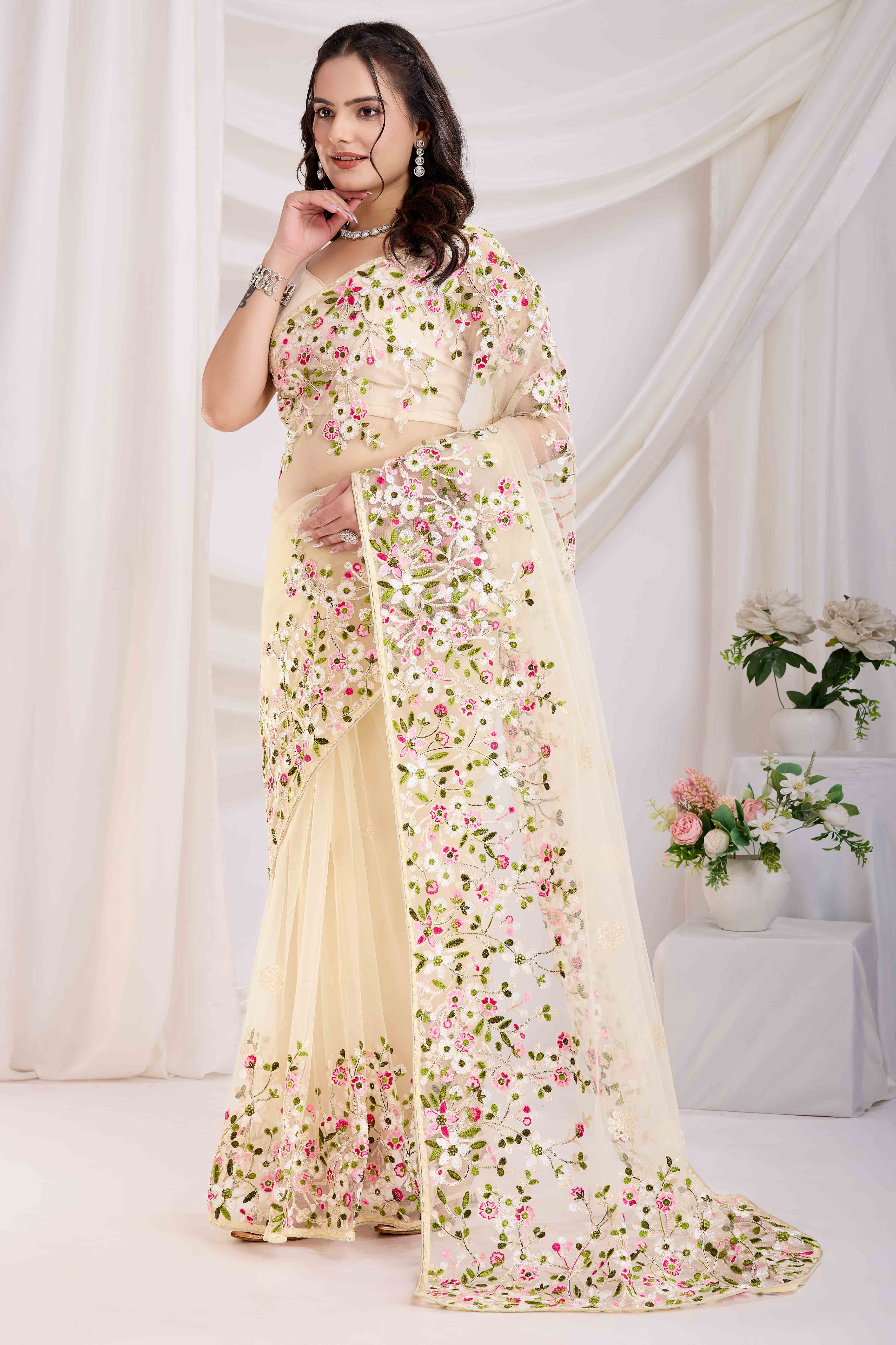 Peachmode Cream Floral Embroidered Net Saree – Women's
