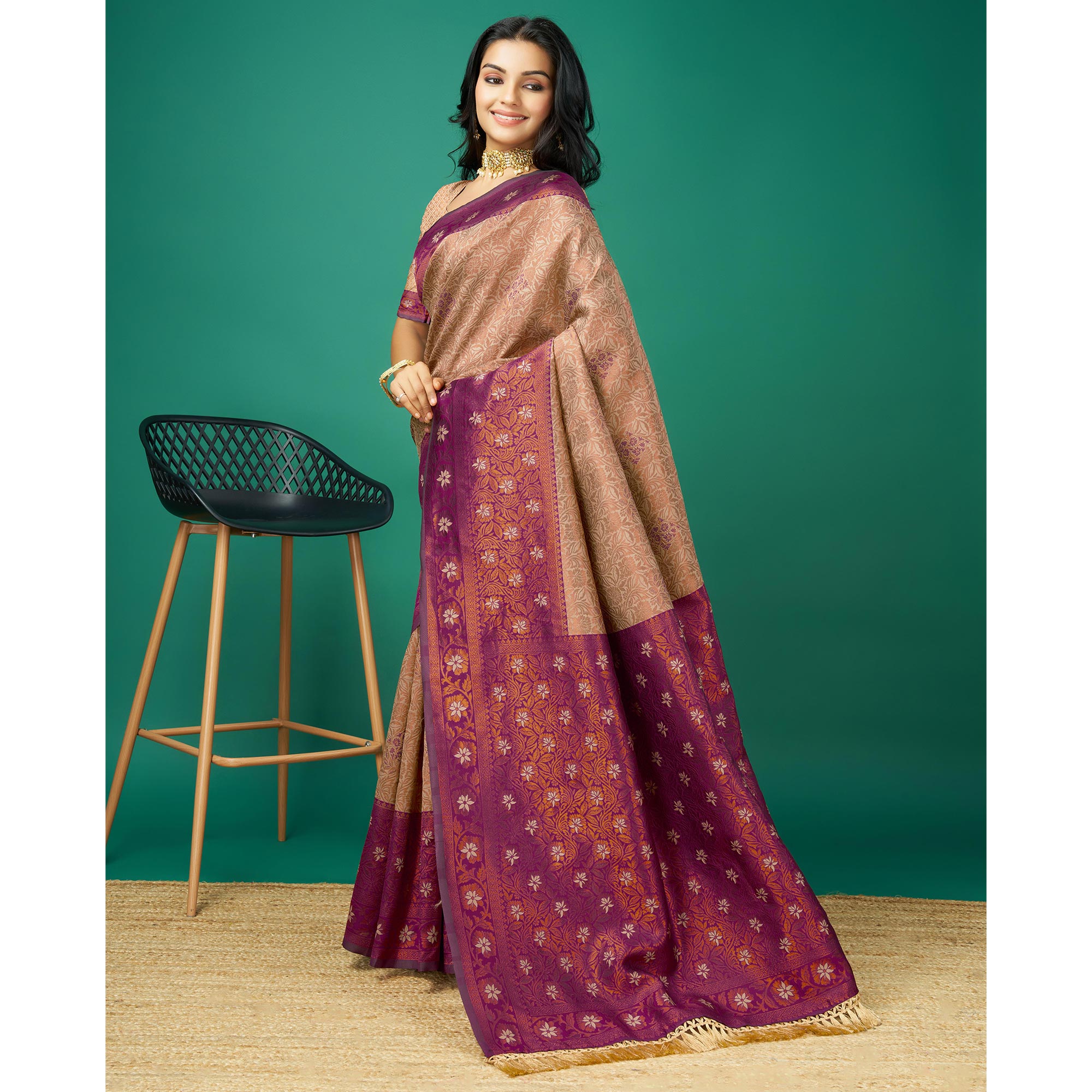 Peachmode Chikoo Zari Woven Banarasi Silk Saree With Tassels - view 5