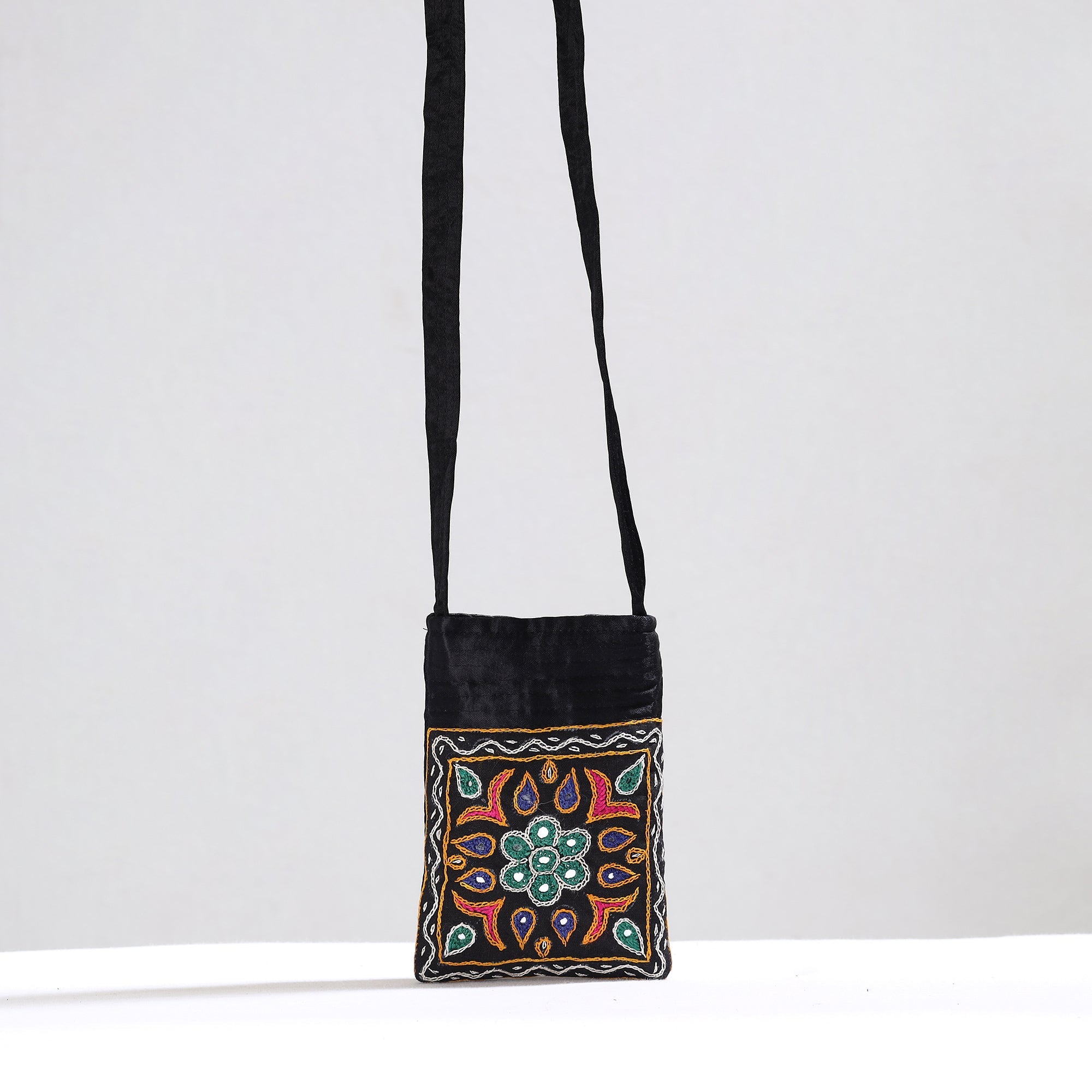 KACHCHH JI CHHAAP Black - Kutch Pakko Hand Embroidery Mirror Work Mashru Silk Sling Bag 87