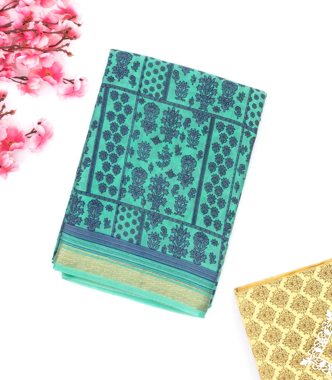 RmKV Aquamarine Printed Crepe Silk Saree With Floral Motifs