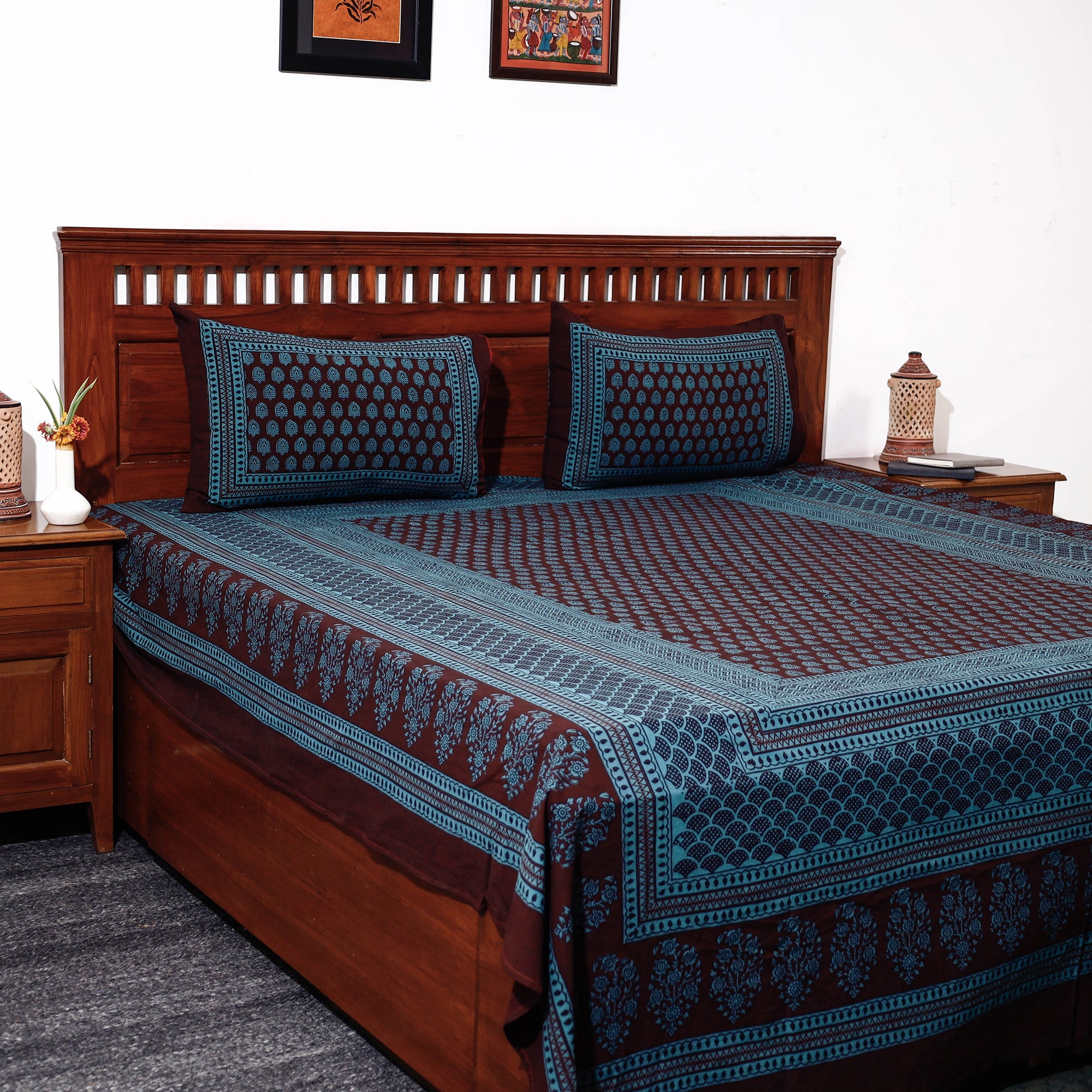 ITOKRI CRAFTS INITIATIVE Blue - Bagh Block Printed Cotton Double Bed Cover with Pillow Covers (113 x 93 in)