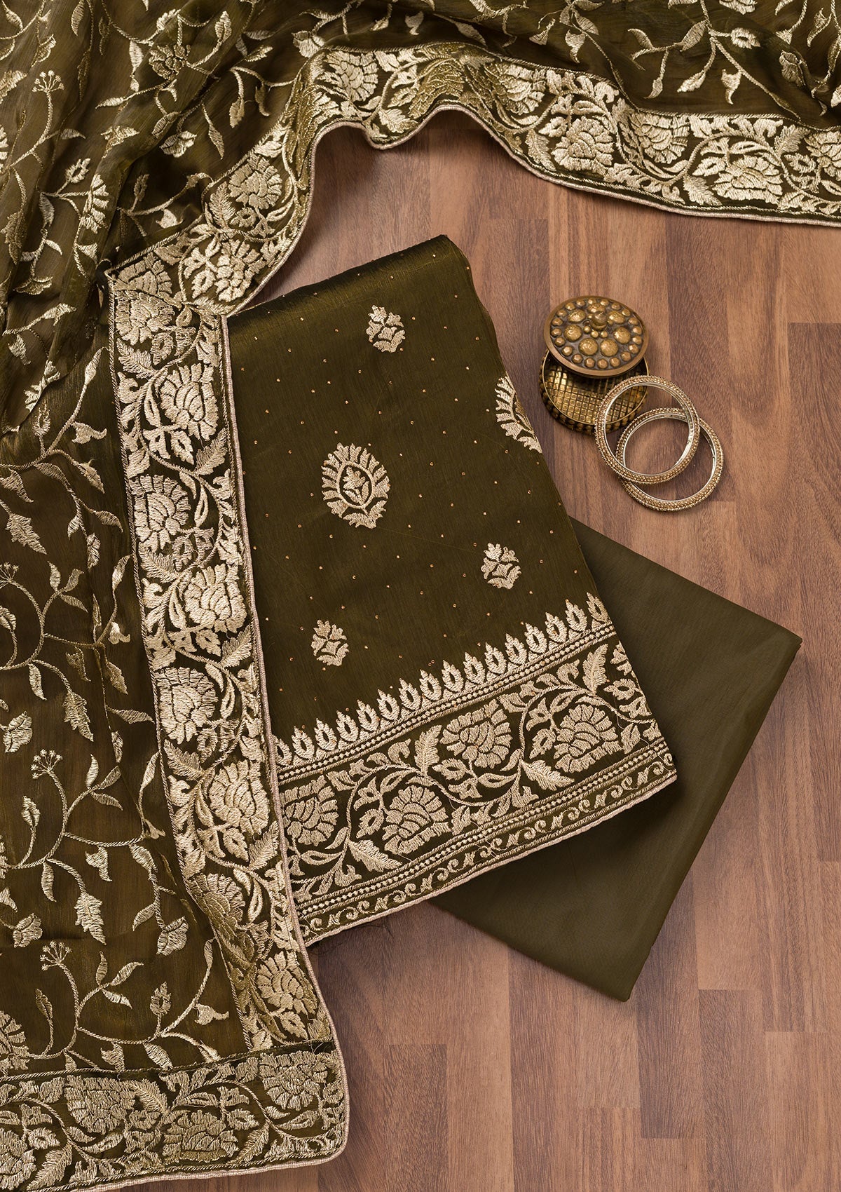 Koskii Mehendi Zariwork Semi Crepe Unstitched Salwar Suit