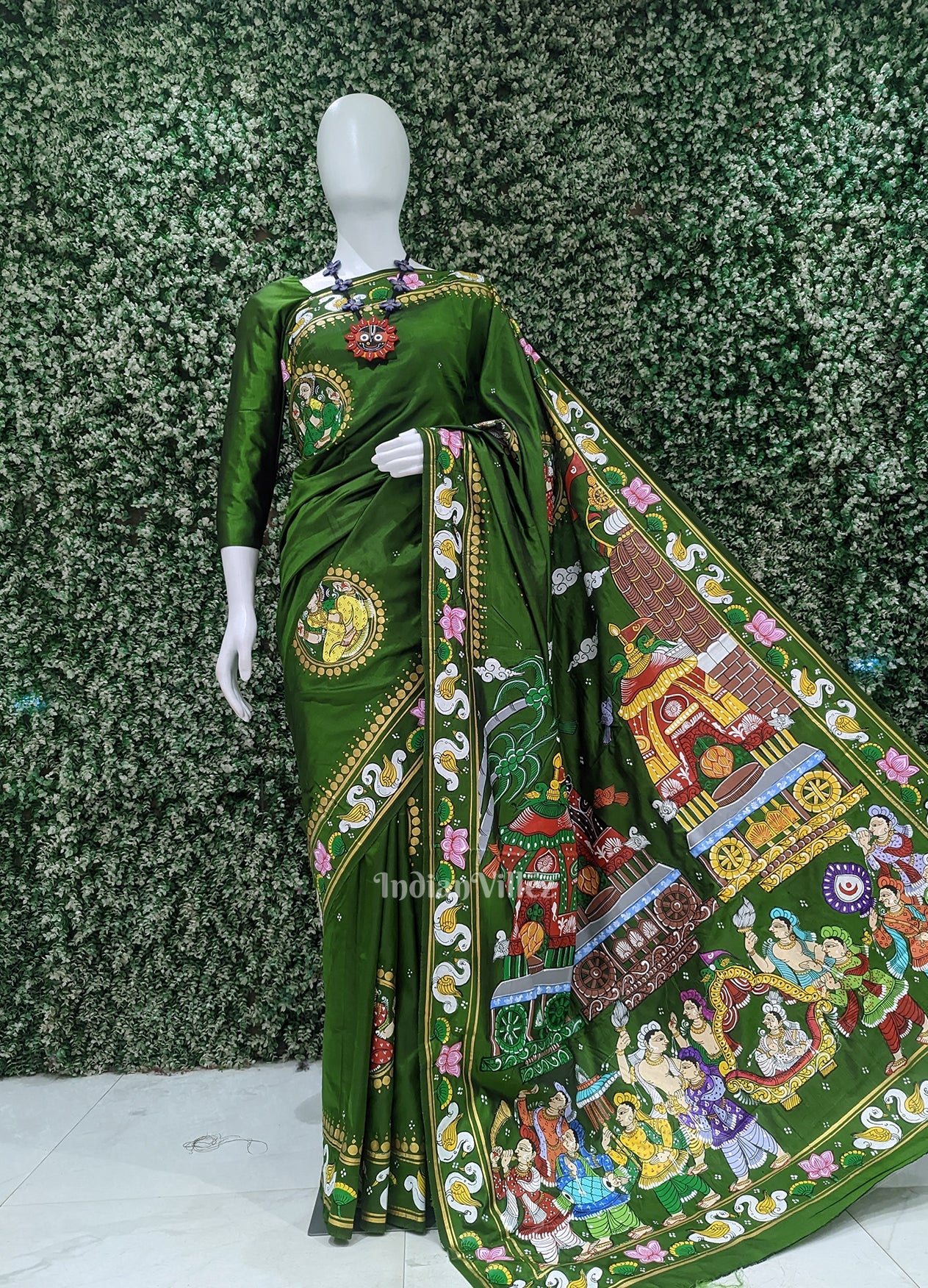 IndianVillèz Mehendi Green Shree Jagannath Ratha Yatra Hand-Painted Pattachitra Saree