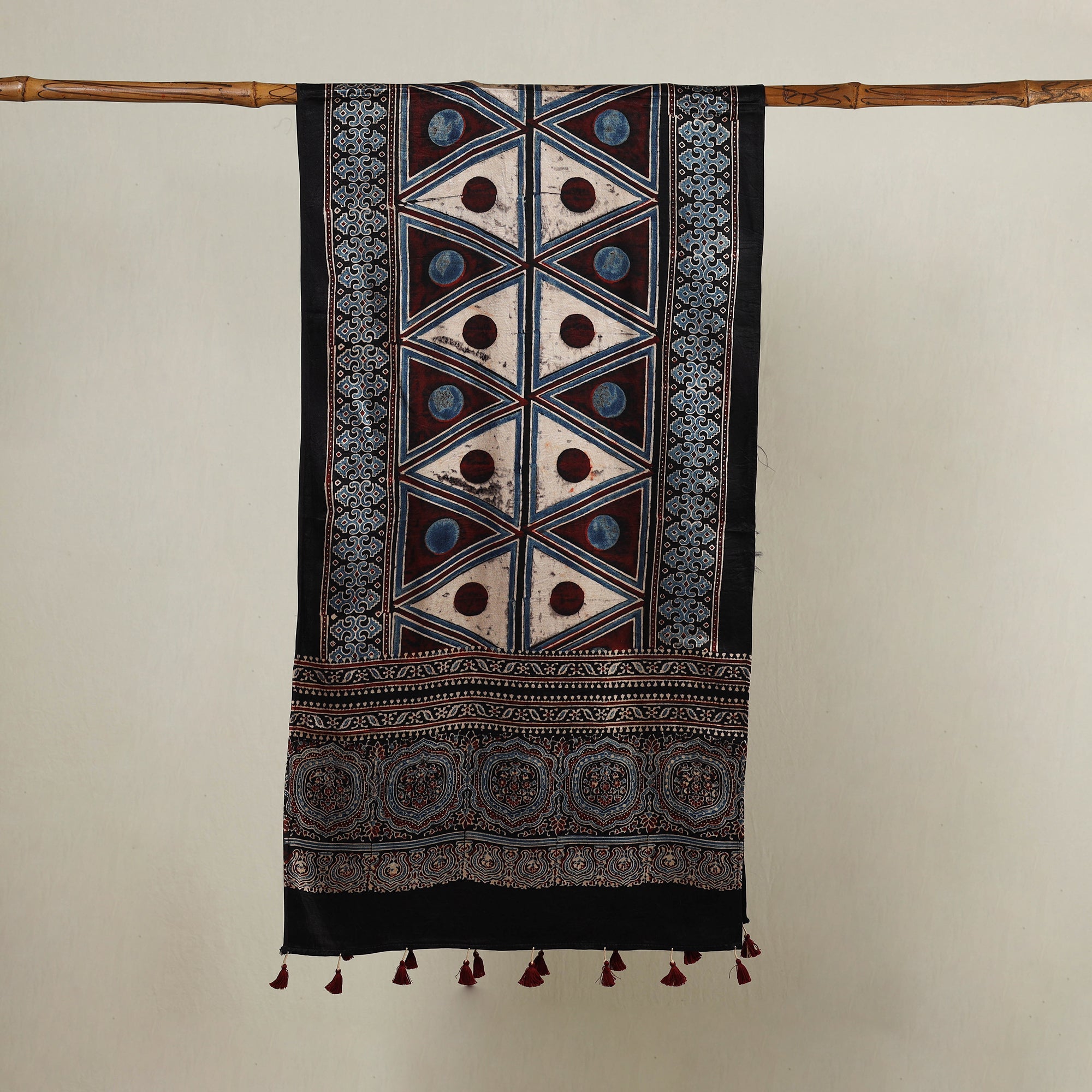 RIYAZ ABDULMAJID KHATRI - AJRAKH Black - Ajrakh Hand Block Printed Mashru Silk Stole with Tassels - view 2