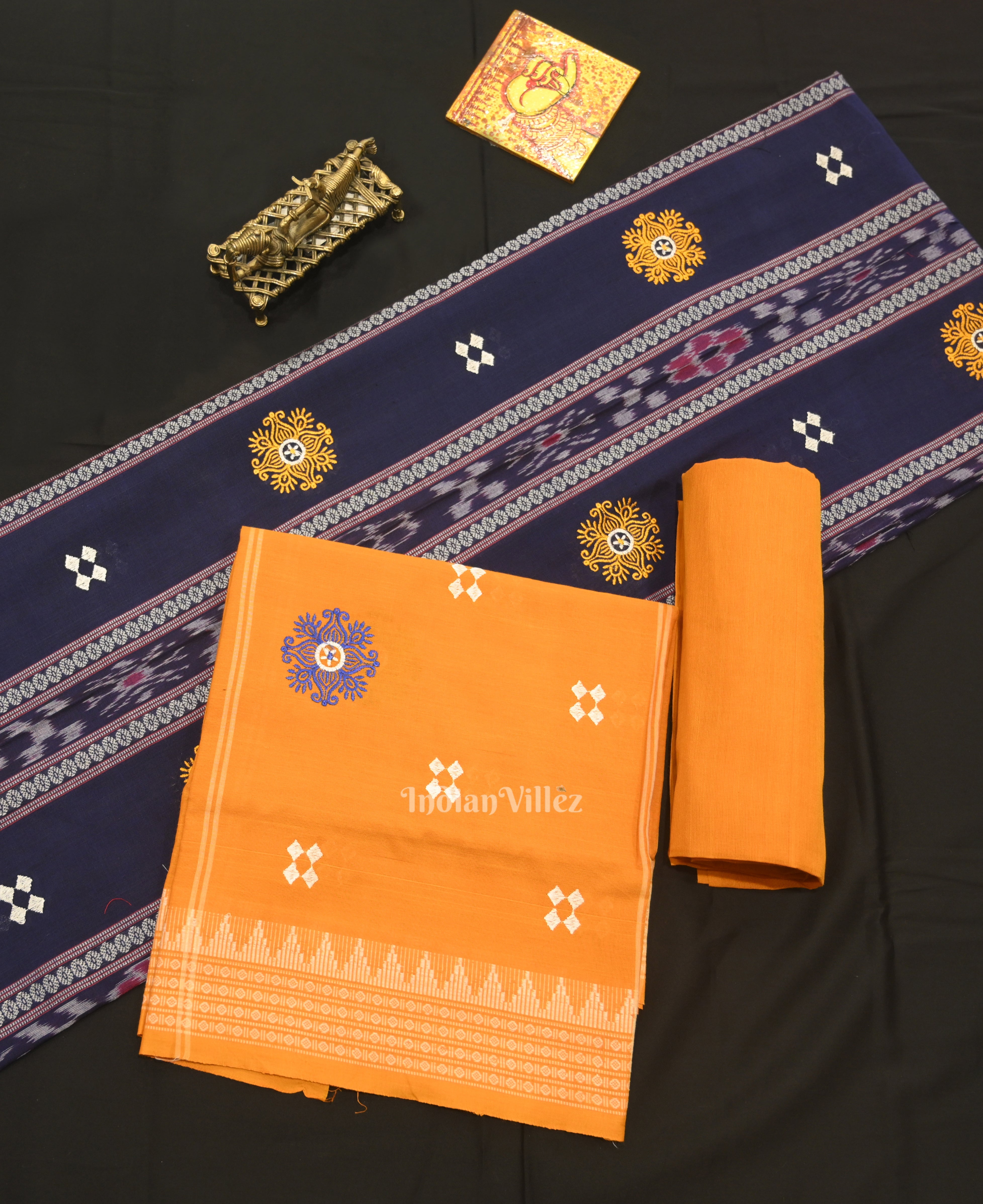 IndianVillèz Navy Blue Yellow Flower Buti Odisha Ikat Sambalpuri Dress Material & Dupatta