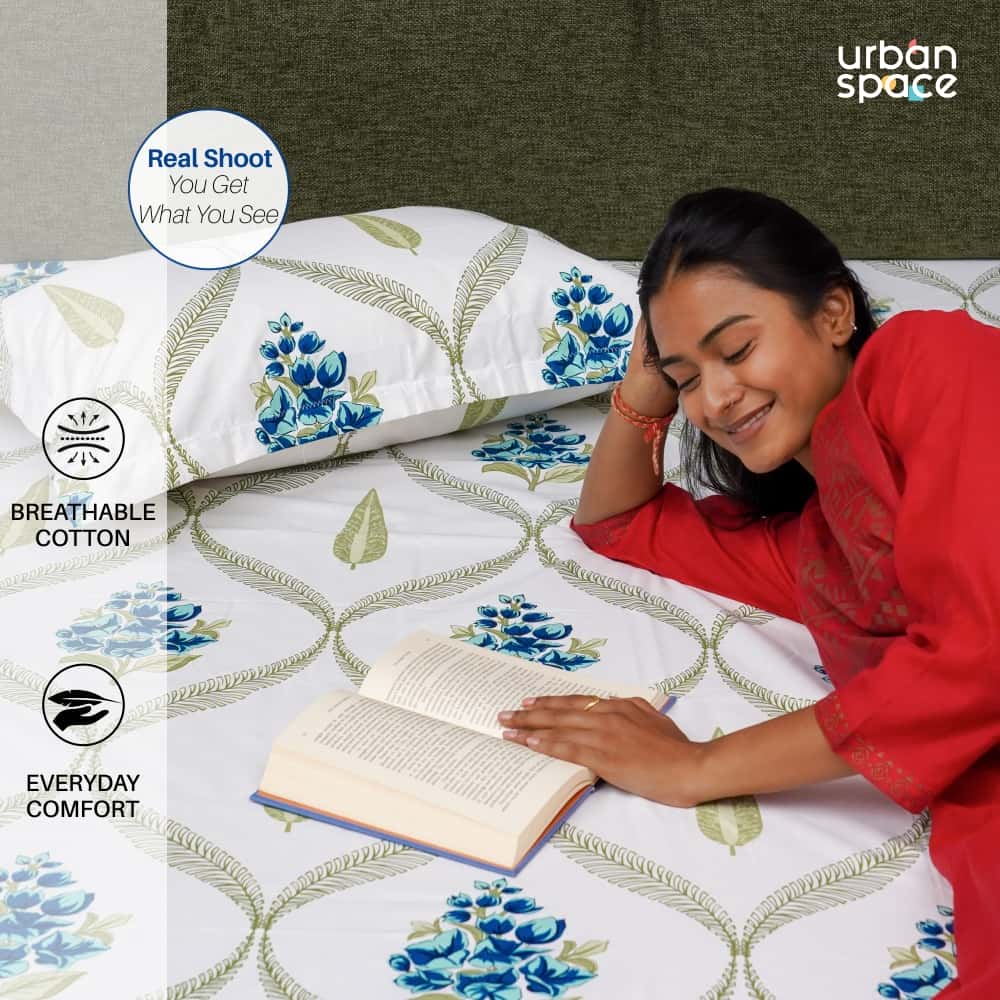 Urban Space -Home Furnishing Store Fitted King Size Cotton Bedsheet - Floral Moroccan - Blue - view 5