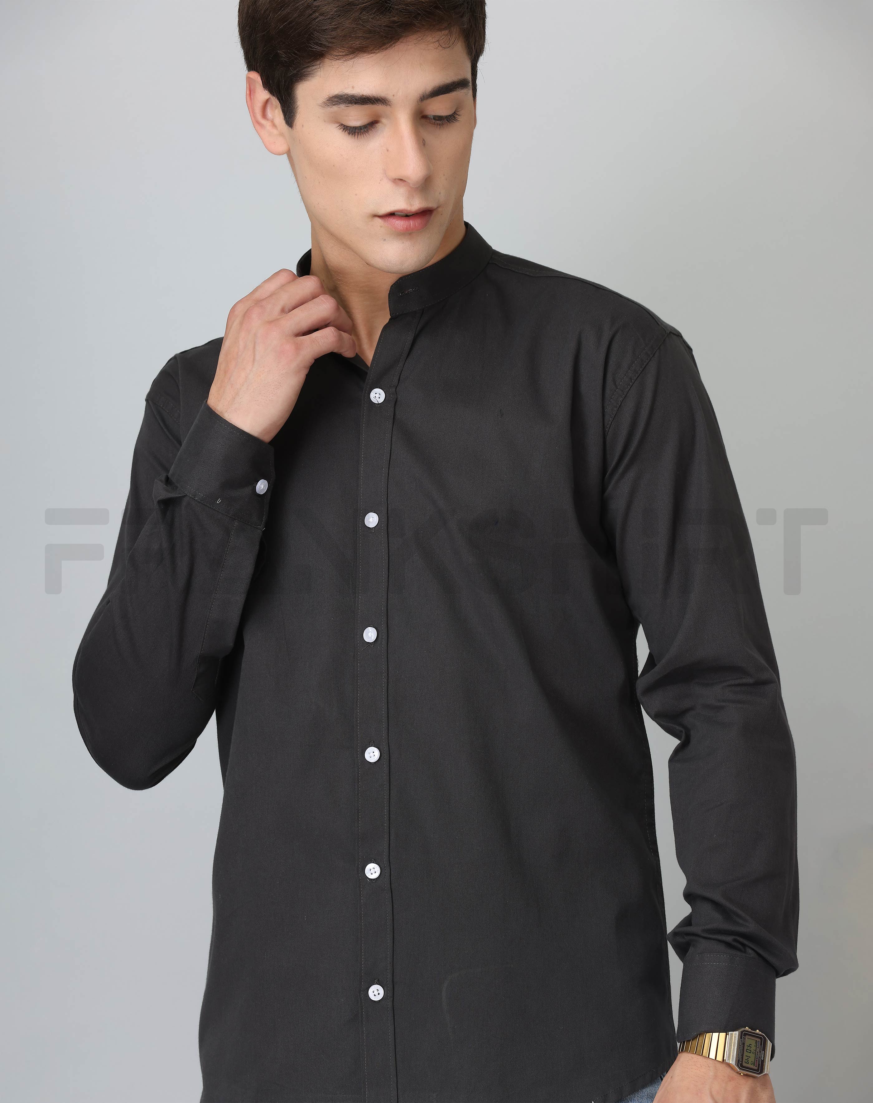 BlackTree Frankshirt Chinese Collar Black Solid Tailored Fit Cotton Casual Shirt for Man