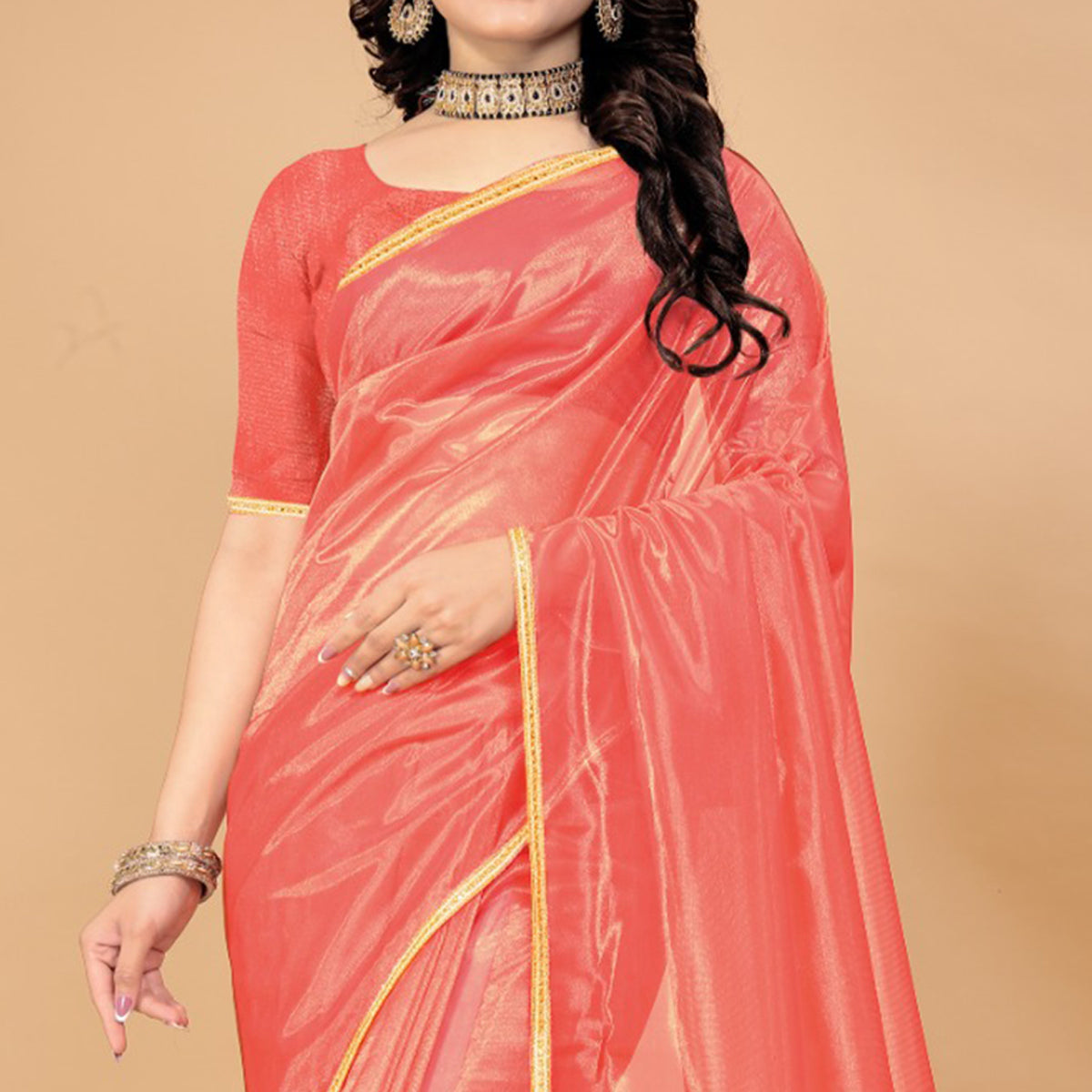 Peachmode Dark Peach Solid Nylon Saree With Lace Border - view 3