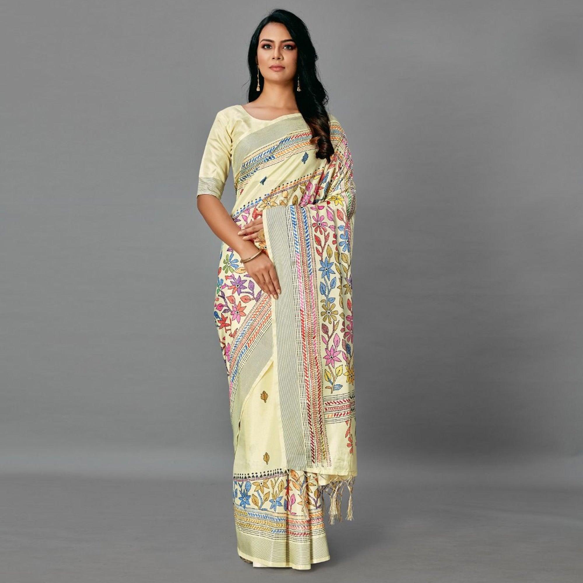 Peachmode Cream Casual Art Silk Printed Saree With Unstitched Blouse