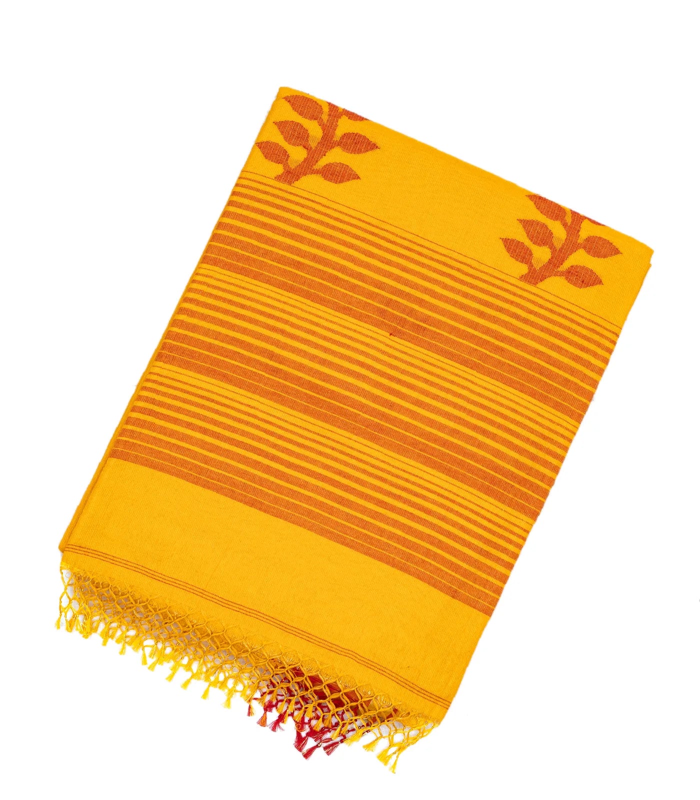 RmKV Yellow Handloom Bengal Cotton Saree With Stripes & Buttas