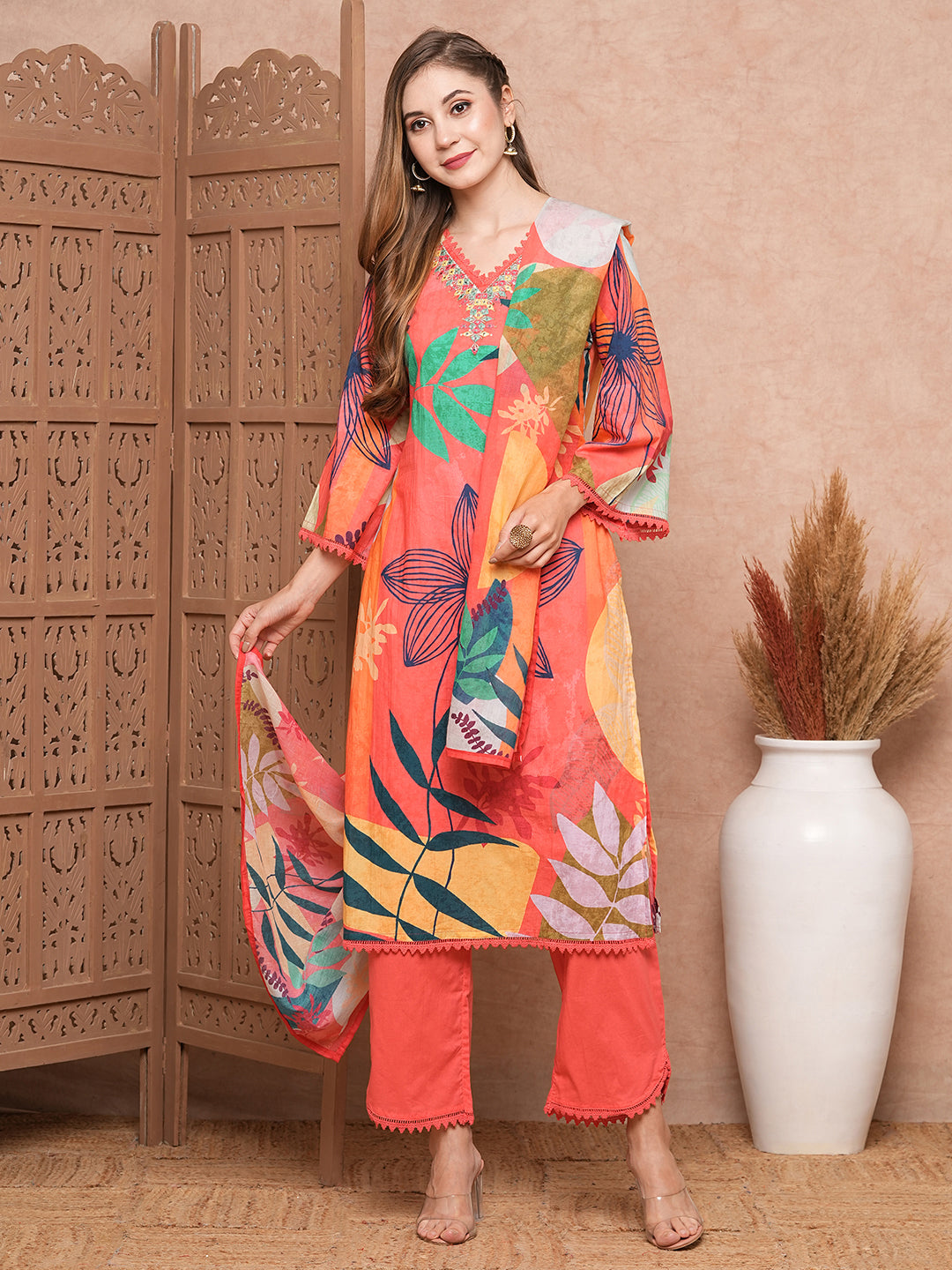Fashor Abstract Floral Printed & Embroidered Kurta with Pant & Dupatta - Pink - view 3