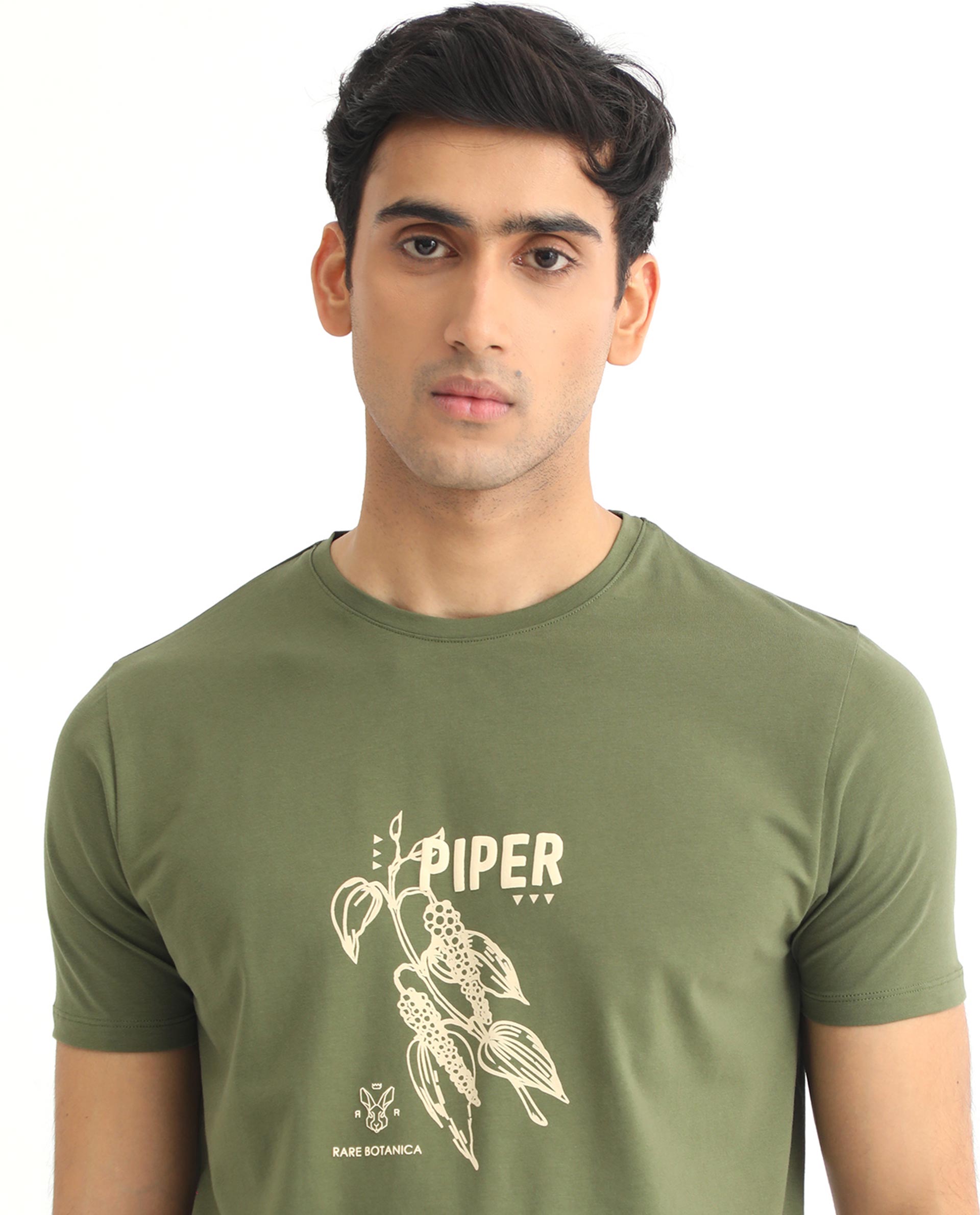 Rare Rabbit Men's Quet Olive Crew Neck With Botanical Chest Graphic Half Sleeves Slim Fit T-Shirt - view 3