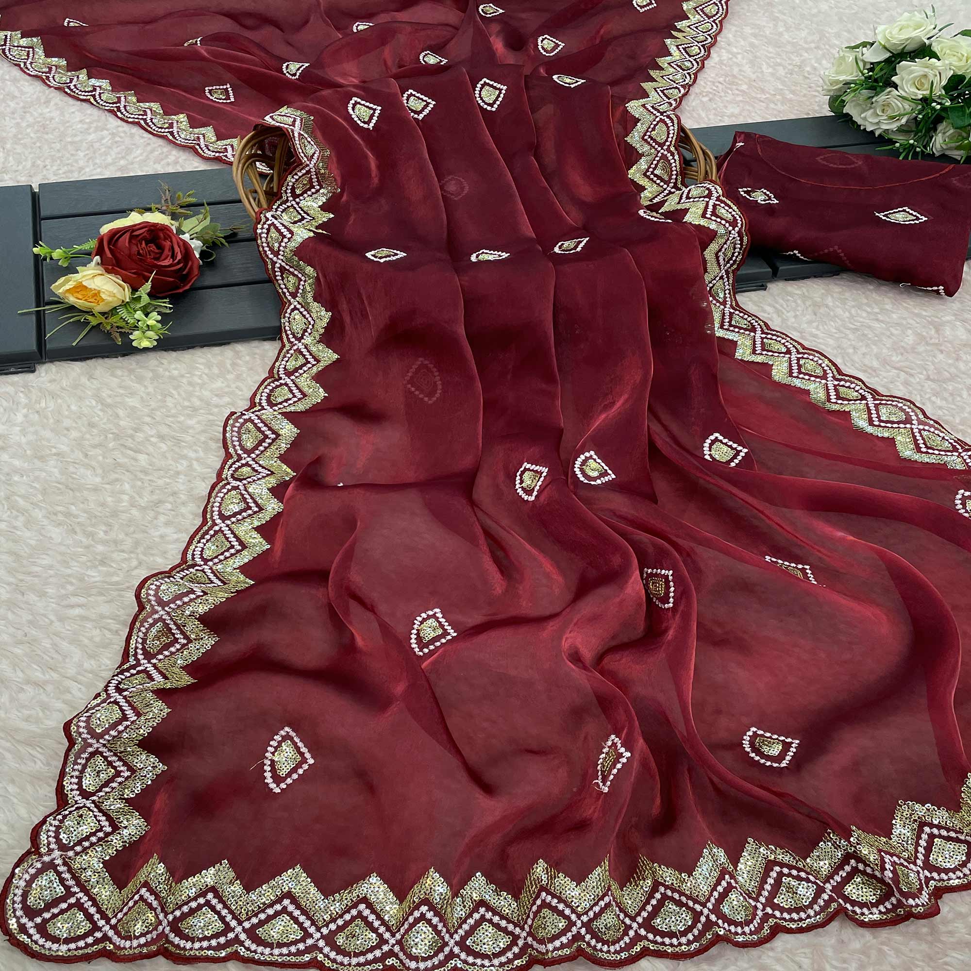 Peachmode Maroon Sequins Embroidered Satin Saree