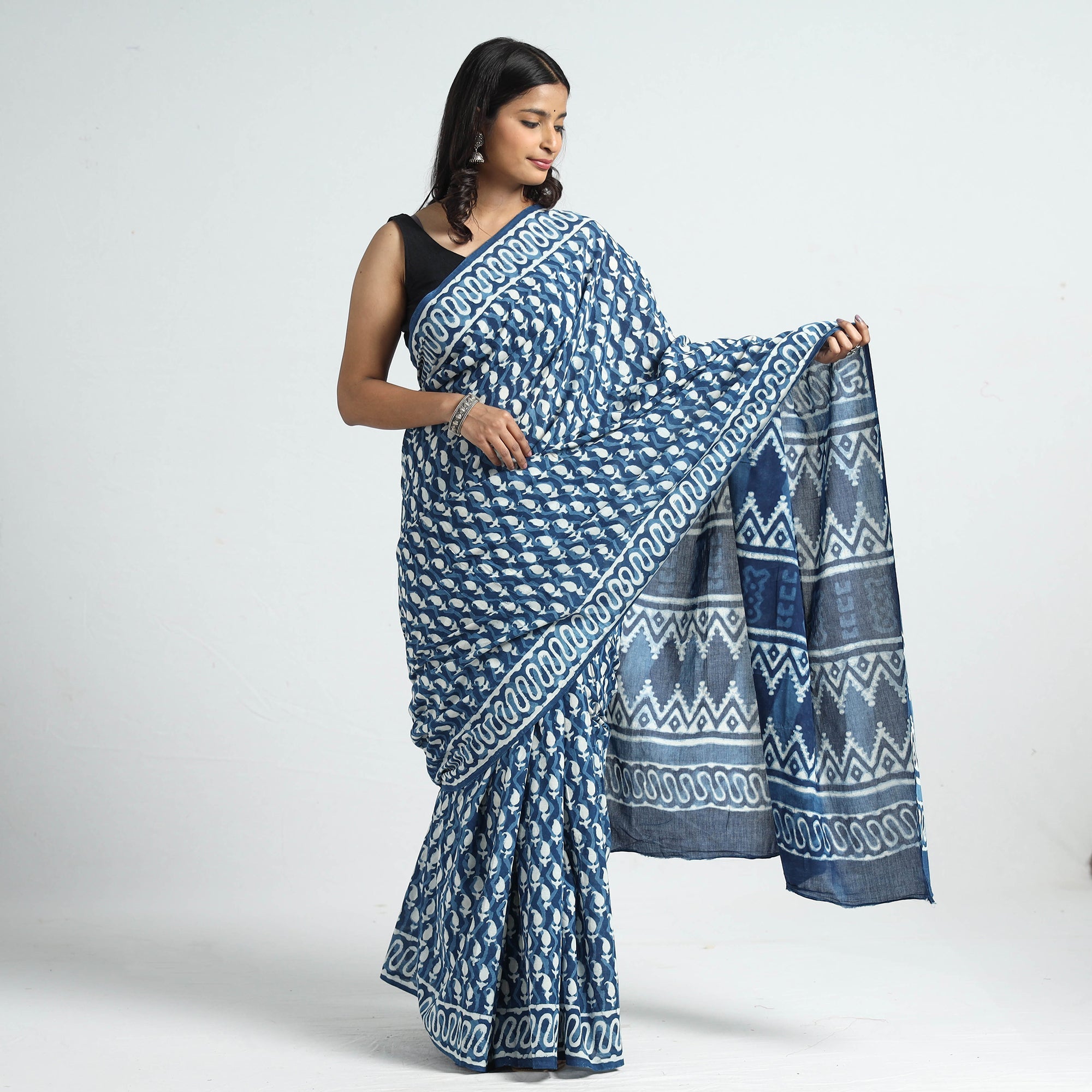 ARTISAN HAND BLOCK PRINTS Blue - Bagru Dabu Block Printed Mul Cotton Saree - view 2