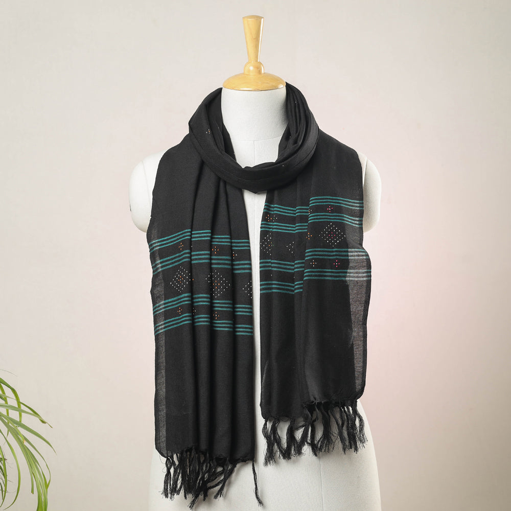 KACHCHH JI CHHAAP Black - Tangaliya Work Handwoven Cotton Stole with Tassels