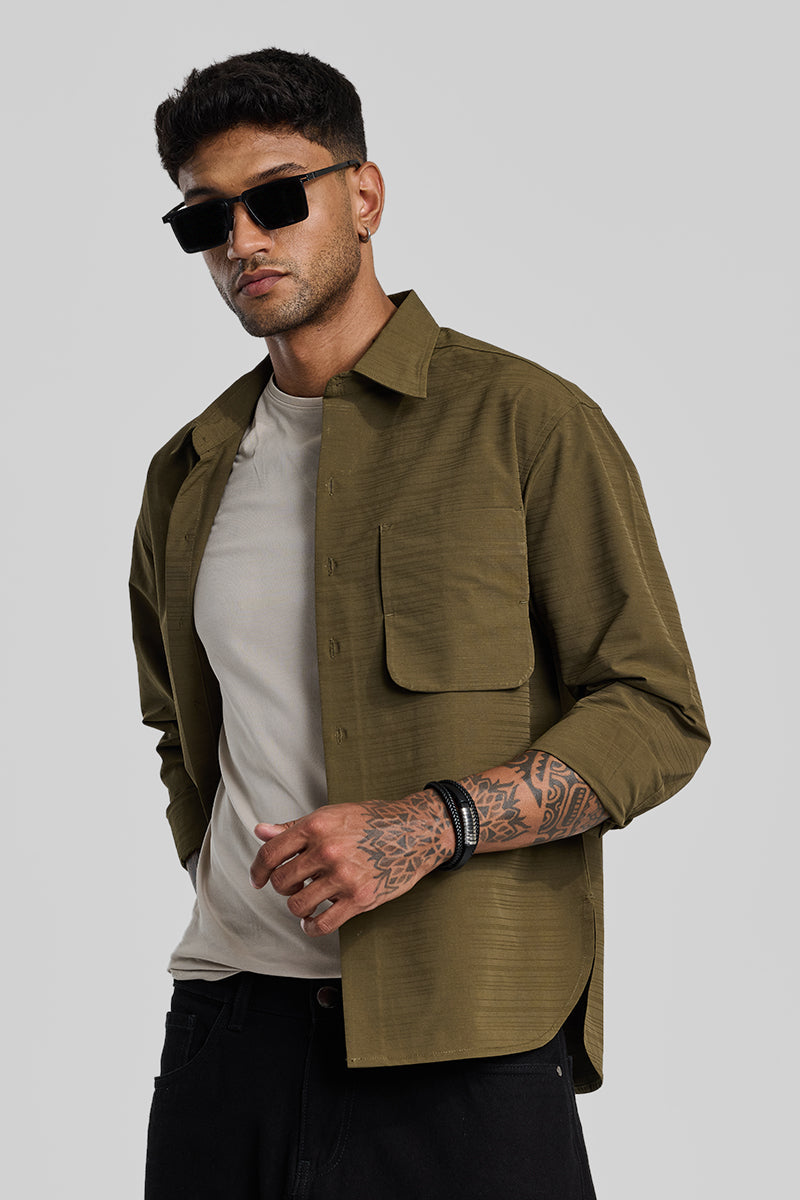SNITCH Olive Stripes Relaxed Fit Overshirt