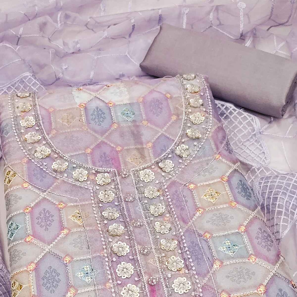 Peachmode Light Lavender Sequins Embroidered Organza Dress Material - view 2