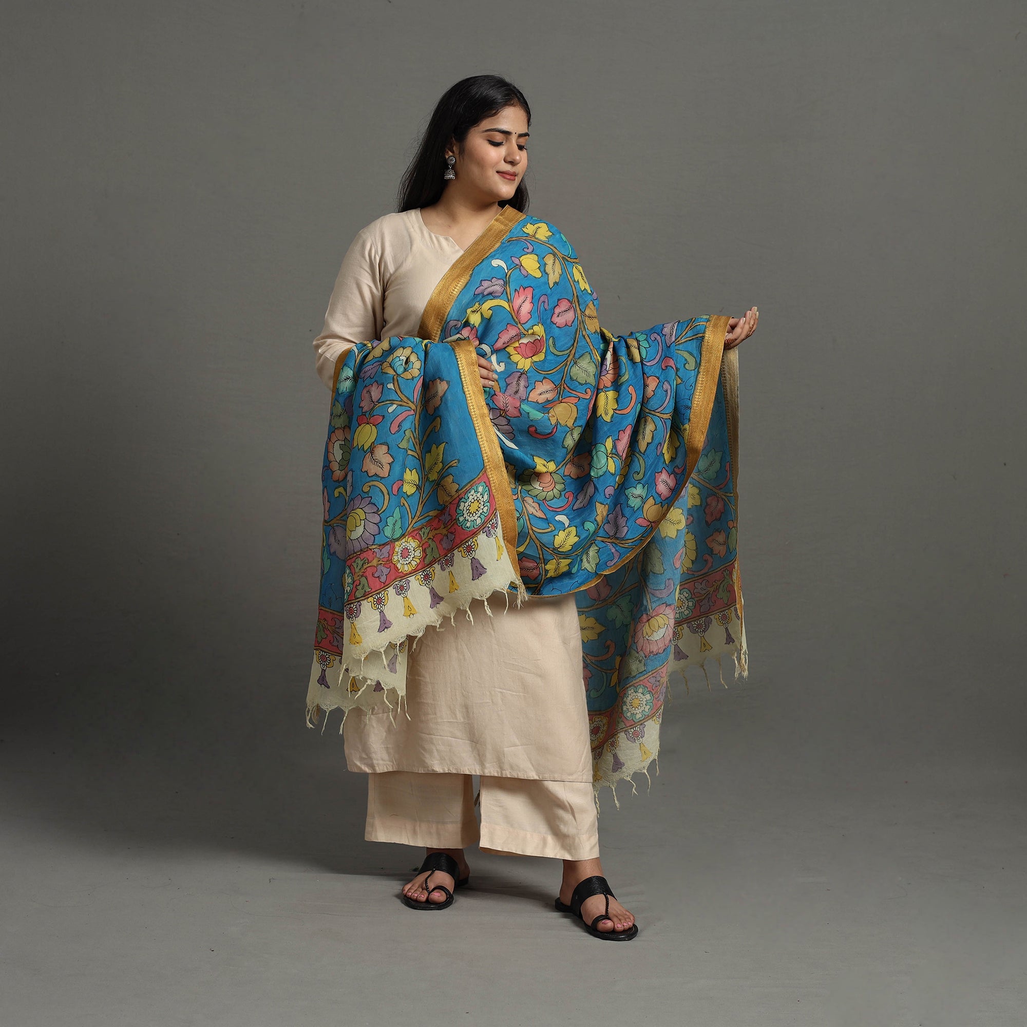 SOUTH KARGHA Blue - Chanderi Silk Srikalahasti Handpainted Pen Kalamkari Dupatta 55 - view 2