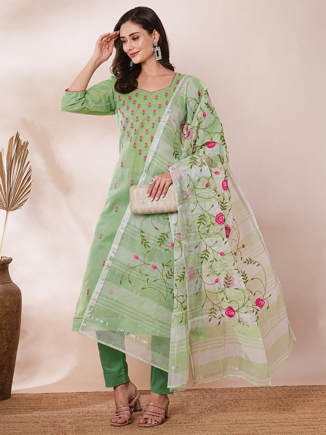 FASHOR Solid Floral Embroidered Straight Fit Kota Doriya Kurta with Dupatta & Pant - Green