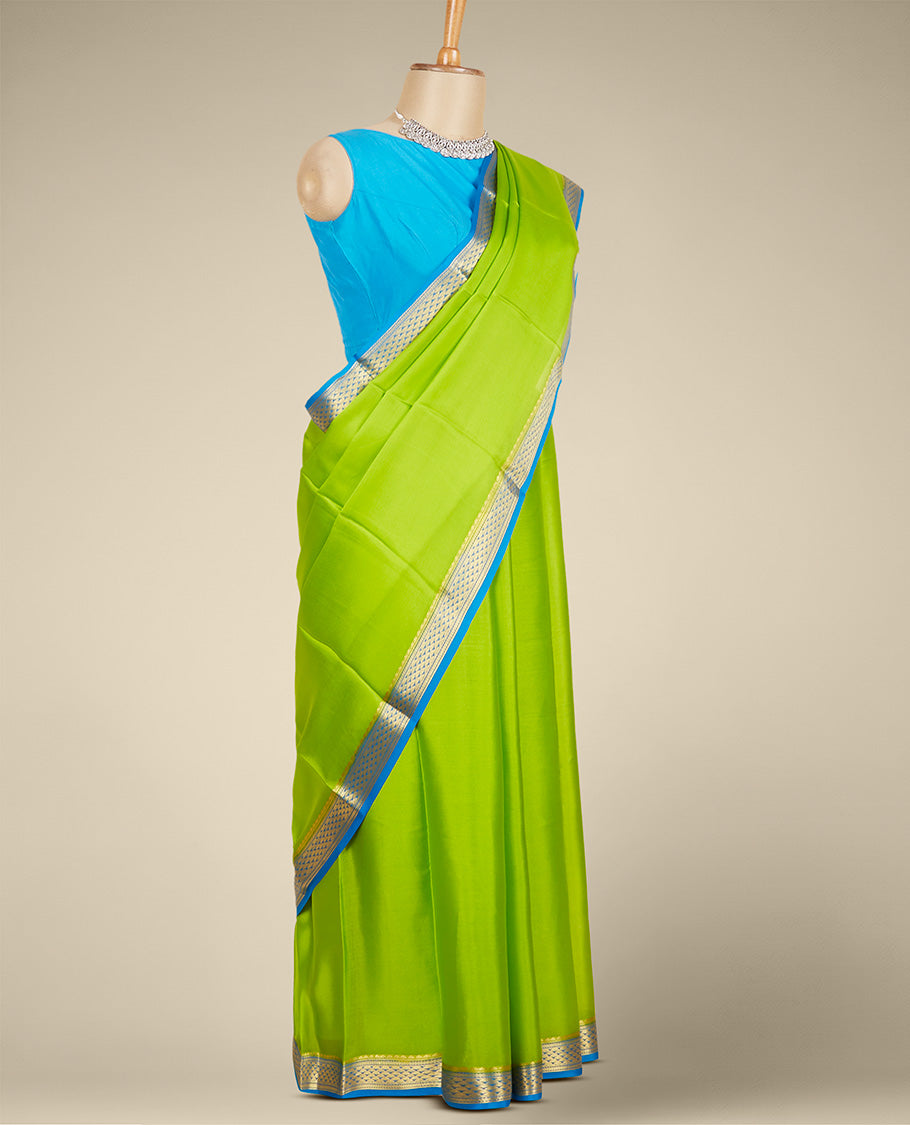 Pothys Green plain design mysore silk saree, contrast traditional zari design border - view 2