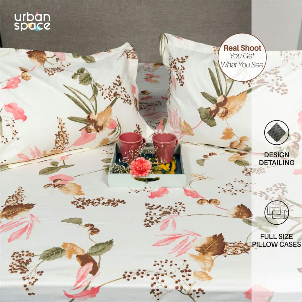 Urban Space -Home Furnishing Store Regal Collection - Breathable 200 TC 100% Pure Cotton Single Bedsheet with Pillow Cover, Cherry Blossom- Peach - view 4