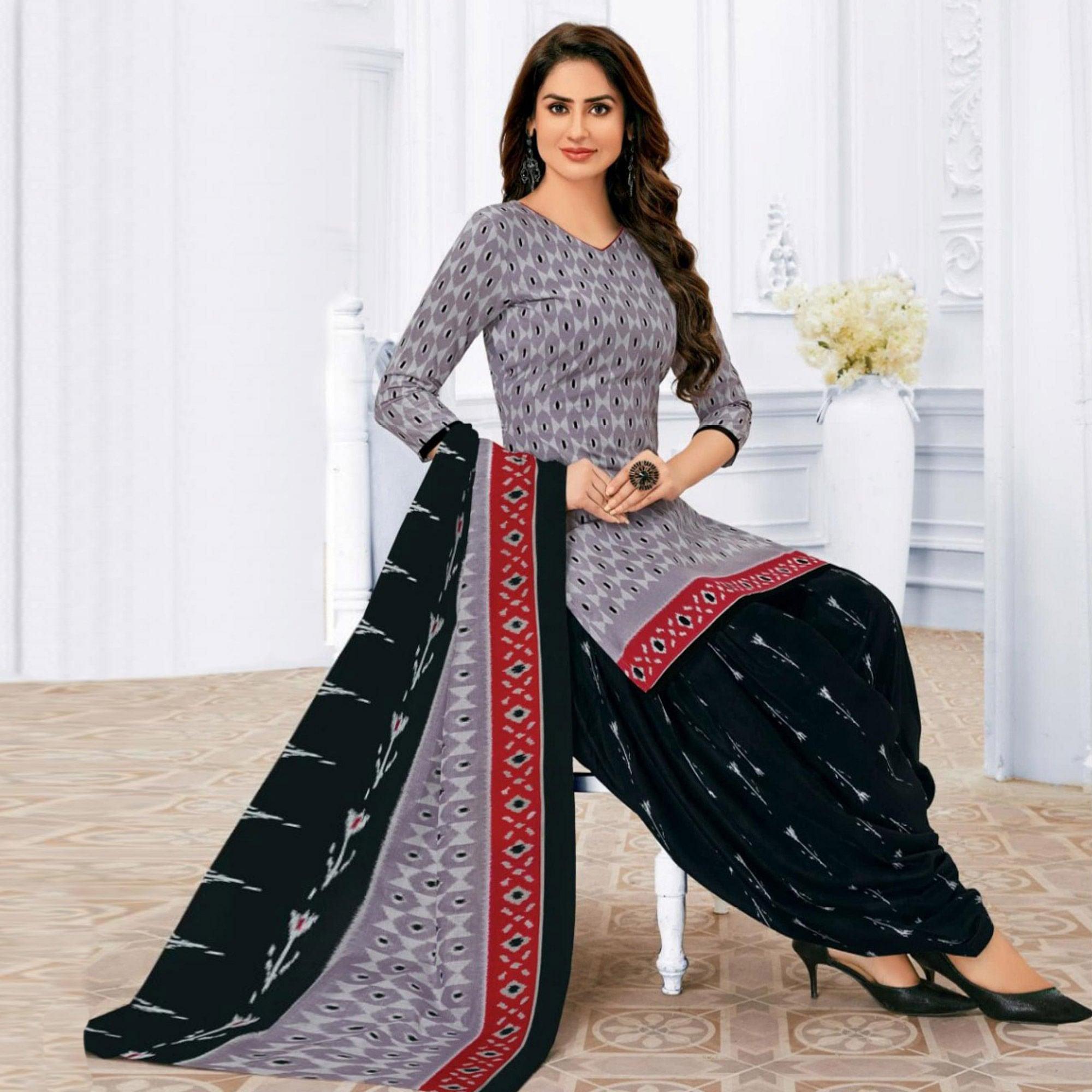Peachmode Grey Printed Pure Cotton Patiala Dress Material