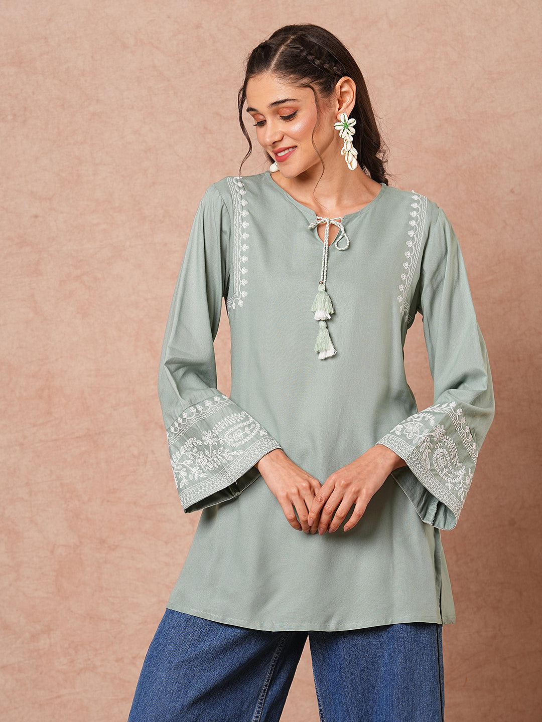 Fashor Floral Embroidered A-Line Fit Short Kurti - Mint Green