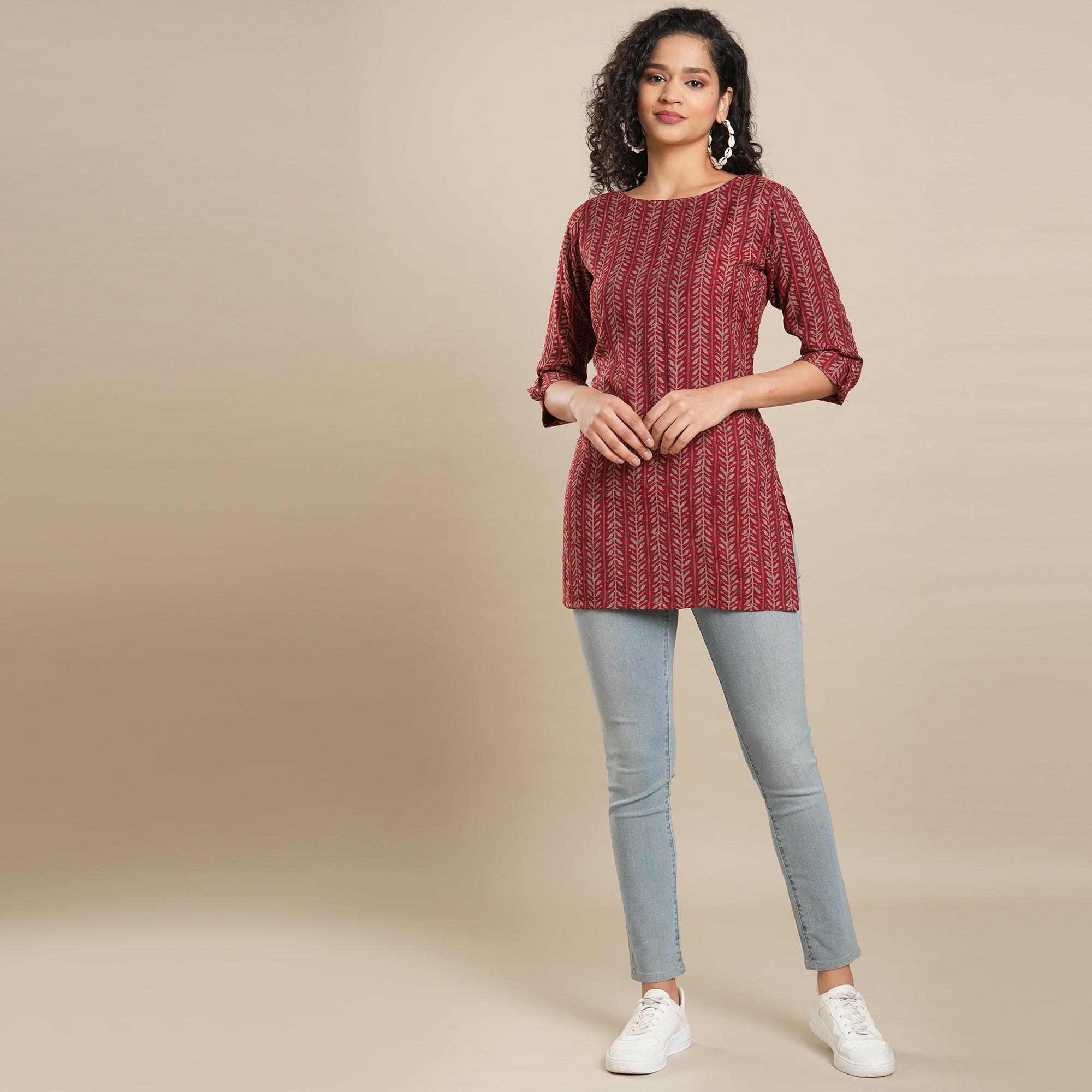 Peachmode Maroon Printed Rayon Top - view 6