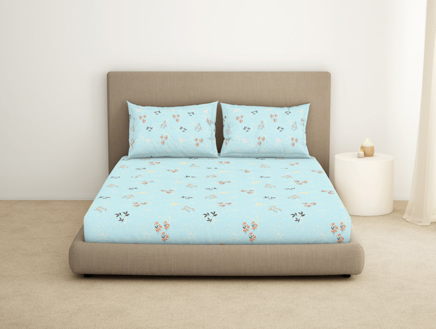 Spaces India Floral Salt Air - Light Blue 100% Cotton King Fitted Sheet - Dainty By Spaces-1065824