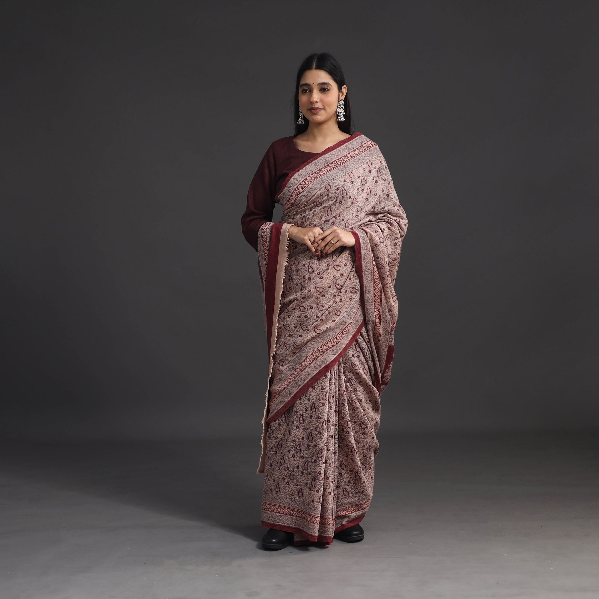BAGH PRINTS BY UMAR FARUK KHATRI Brown - Handwoven Merino Wool Bagh Block Print Saree 01