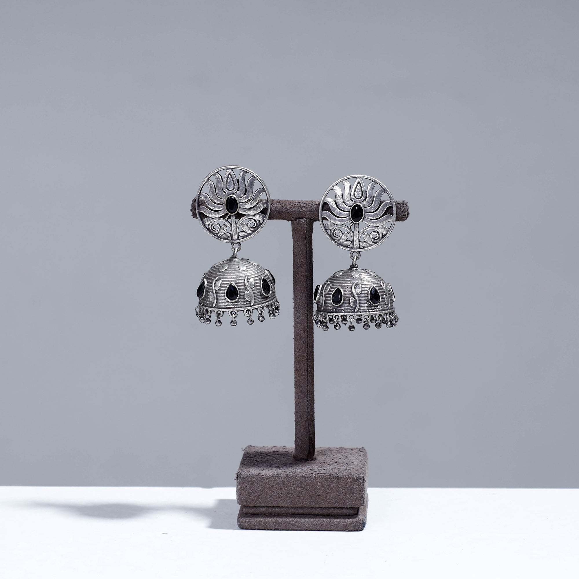 WHITE RIVER STORIES Antique Silver Finish Oxidised Brass Base Stone Work Jhumki Earrings