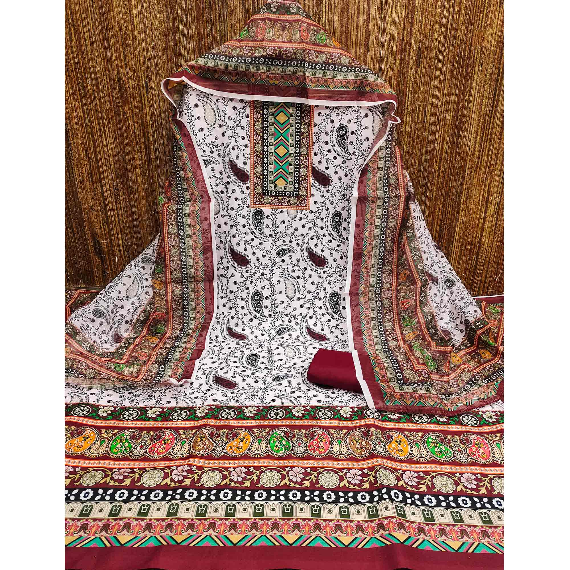 Peachmode Maroon Floral Printed Cotton Blend Dress Material - view 3