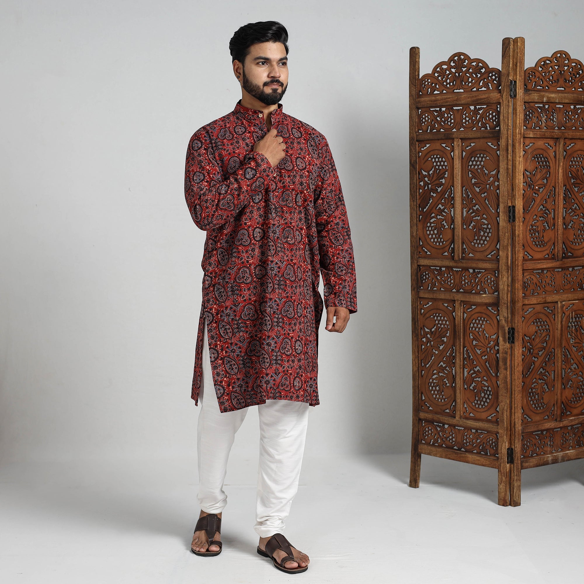 ITOKRI CASUALS Ajrakh Block Printed Cotton Men Long Kurta 15