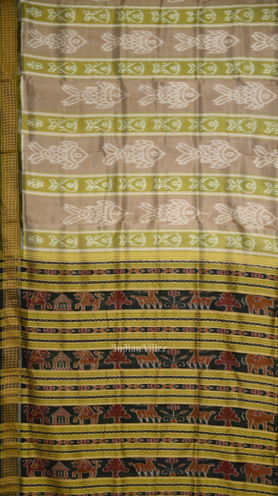 IndianVillèz Pastel Olive Green Fish Theme Odisha Handloom Khandua Silk Saree - view 2