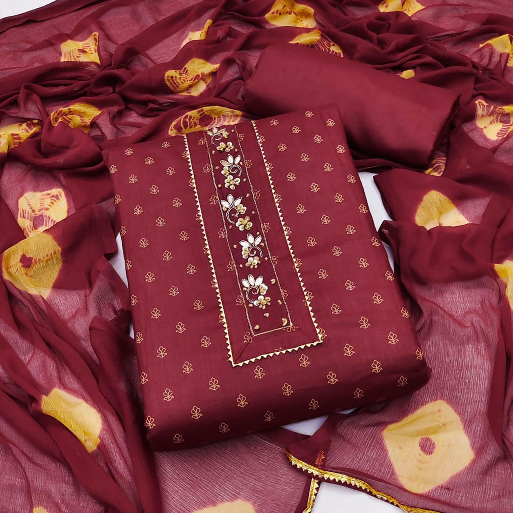 Peachmode Maroon Printed Pure Cotton Dress Material