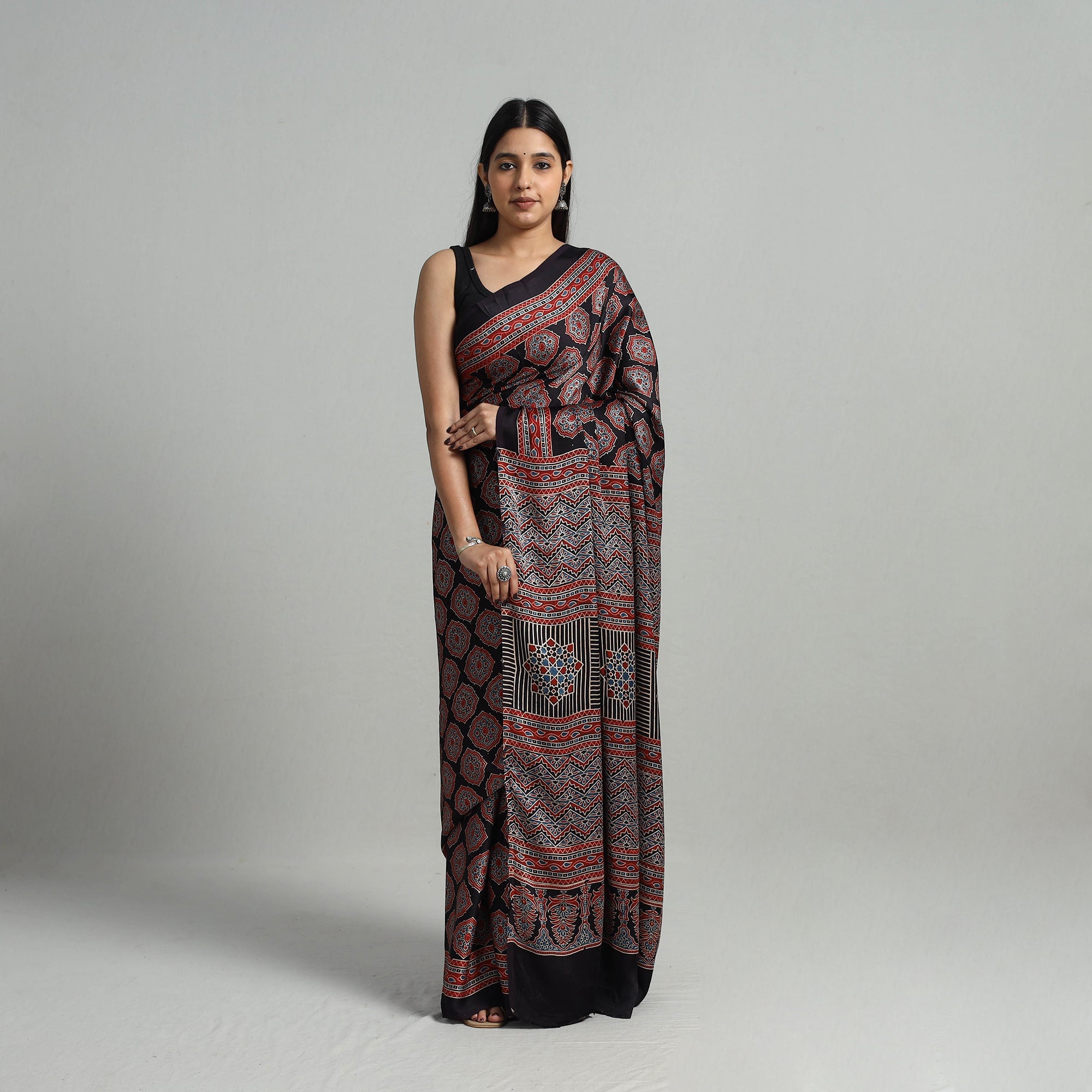KACHCHH JI CHHAAP Black - Natural Dyed Hand Block Print Modal Silk Ajrakh Saree 16