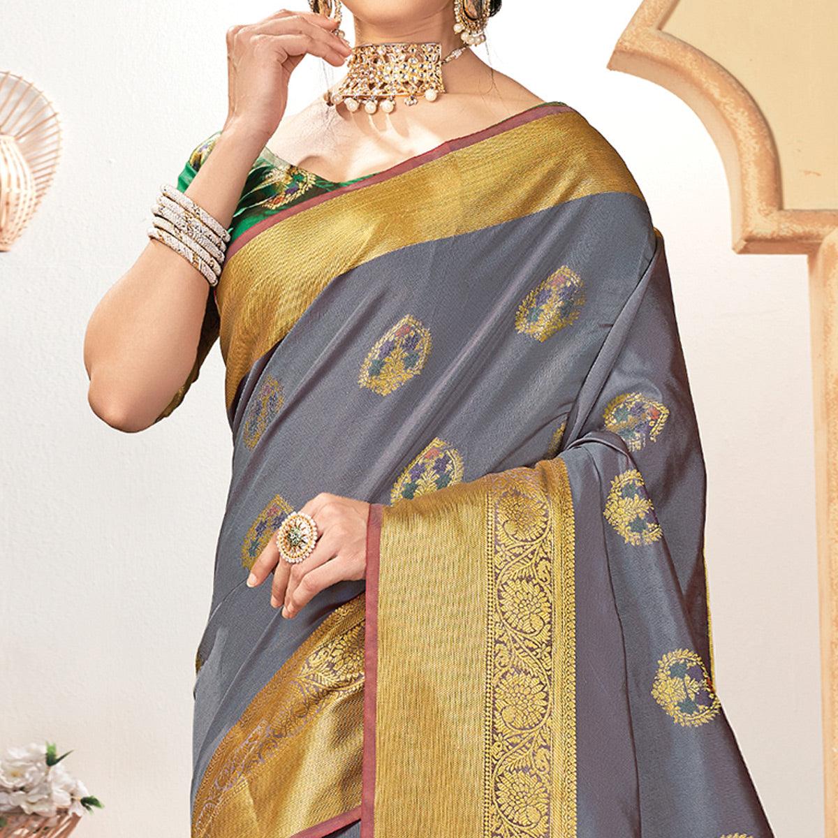Peachmode Innovative Grey Colored Festive Wear Woven Silk Saree - view 2