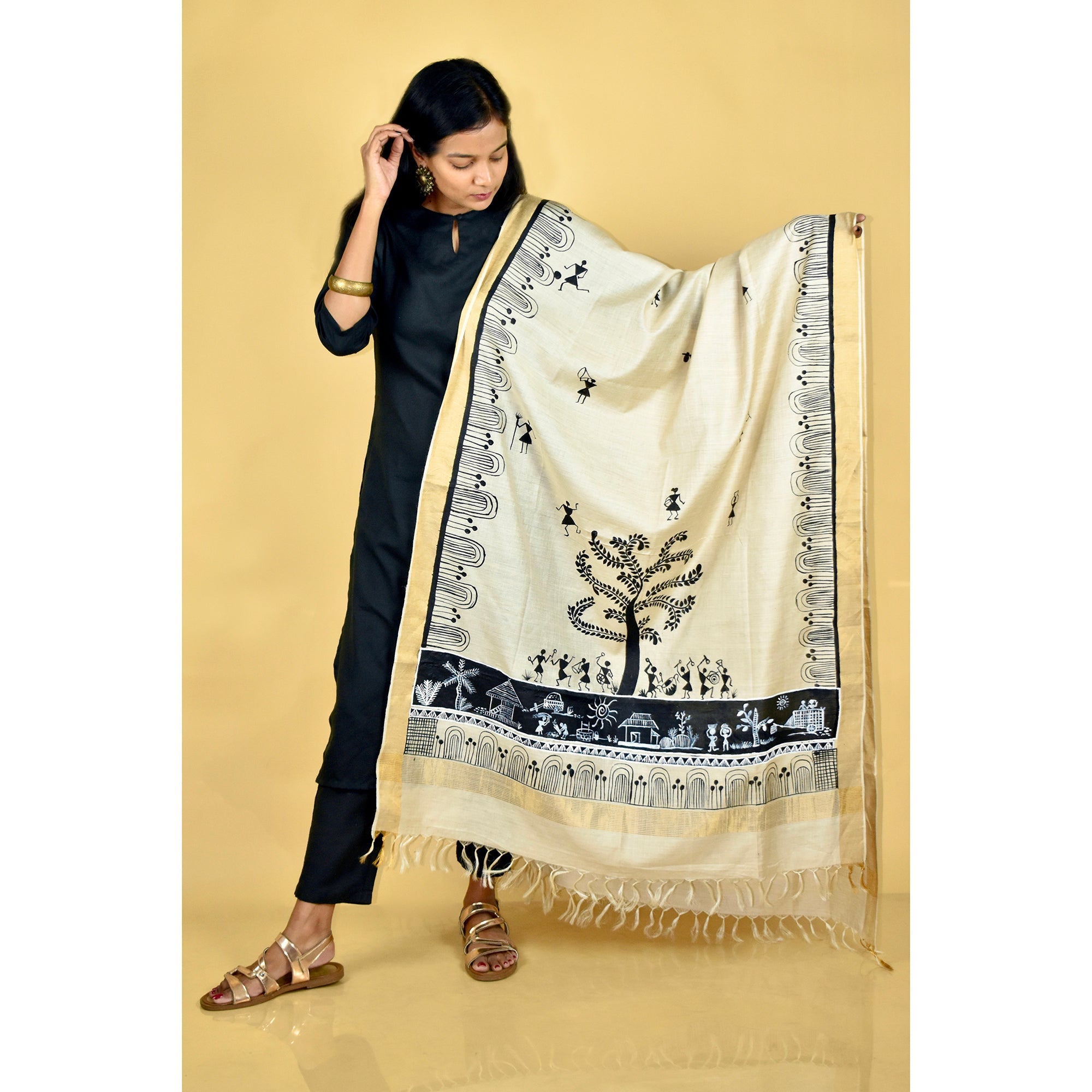 DIORAMA DESIGNS Beige - Warli Hand-painted Traditional Tussar Silk Dupatta