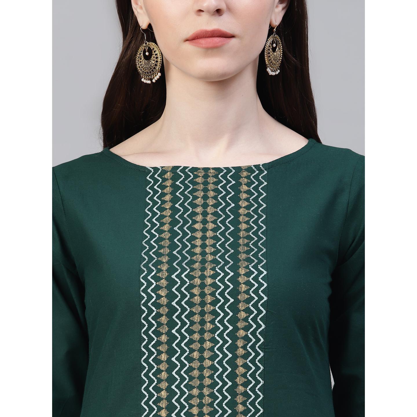 Peachmode Seller Dark Green Printed Pure Cotton Kurti - Pant Set With Dupatta - view 2