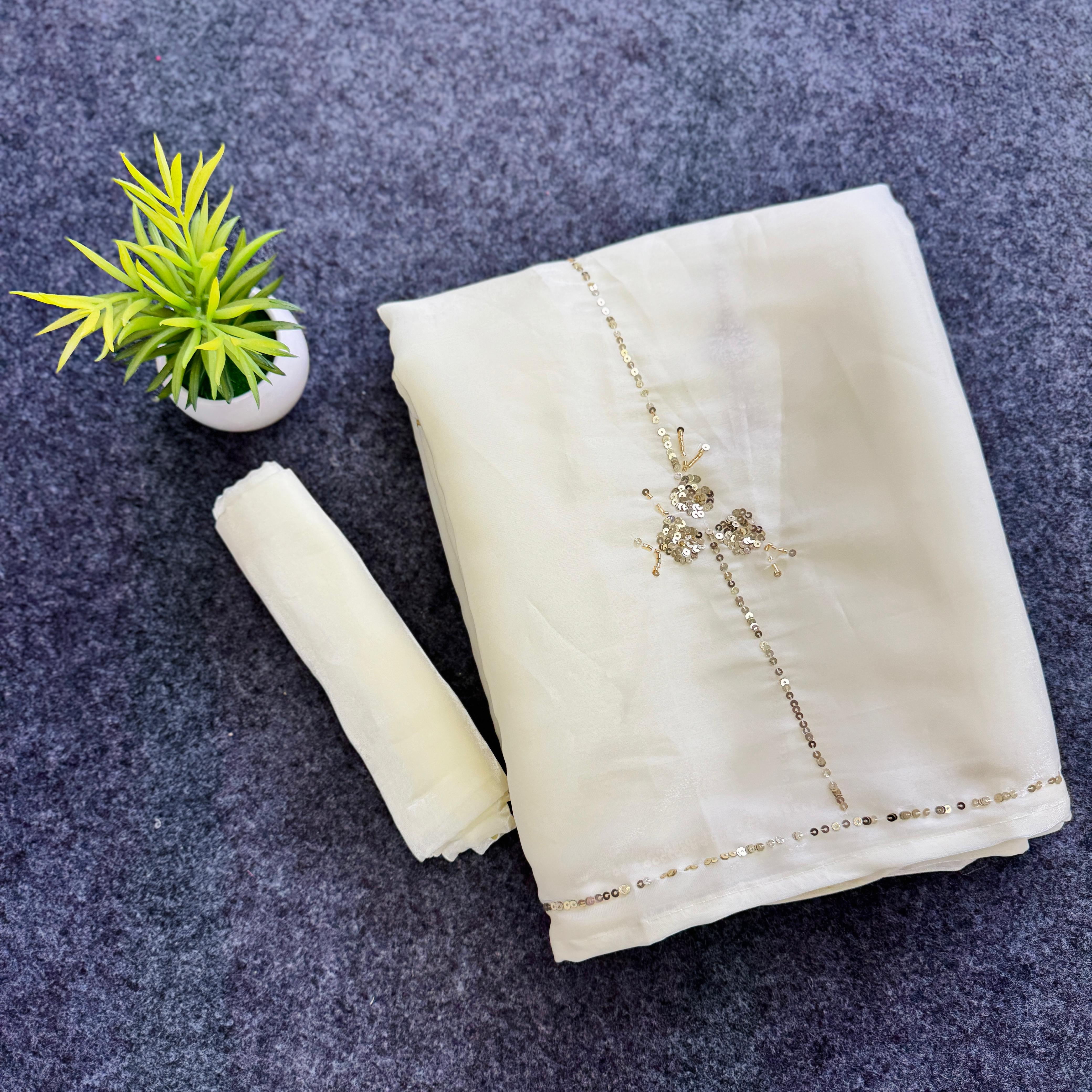 ClothsVilla Beige Color Tissue Jimmy Choo Saree with Exquisite Handwork – Complete with Running Blouse - view 6