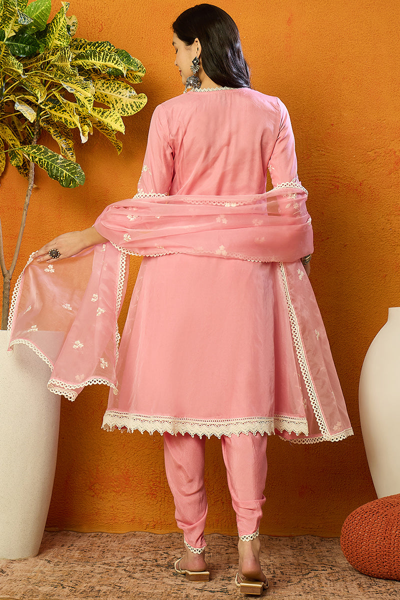 Ahika Pink Organza Solid Embroidered A-Line Dhoti Style Suit Set PKSKD2439 - view 5