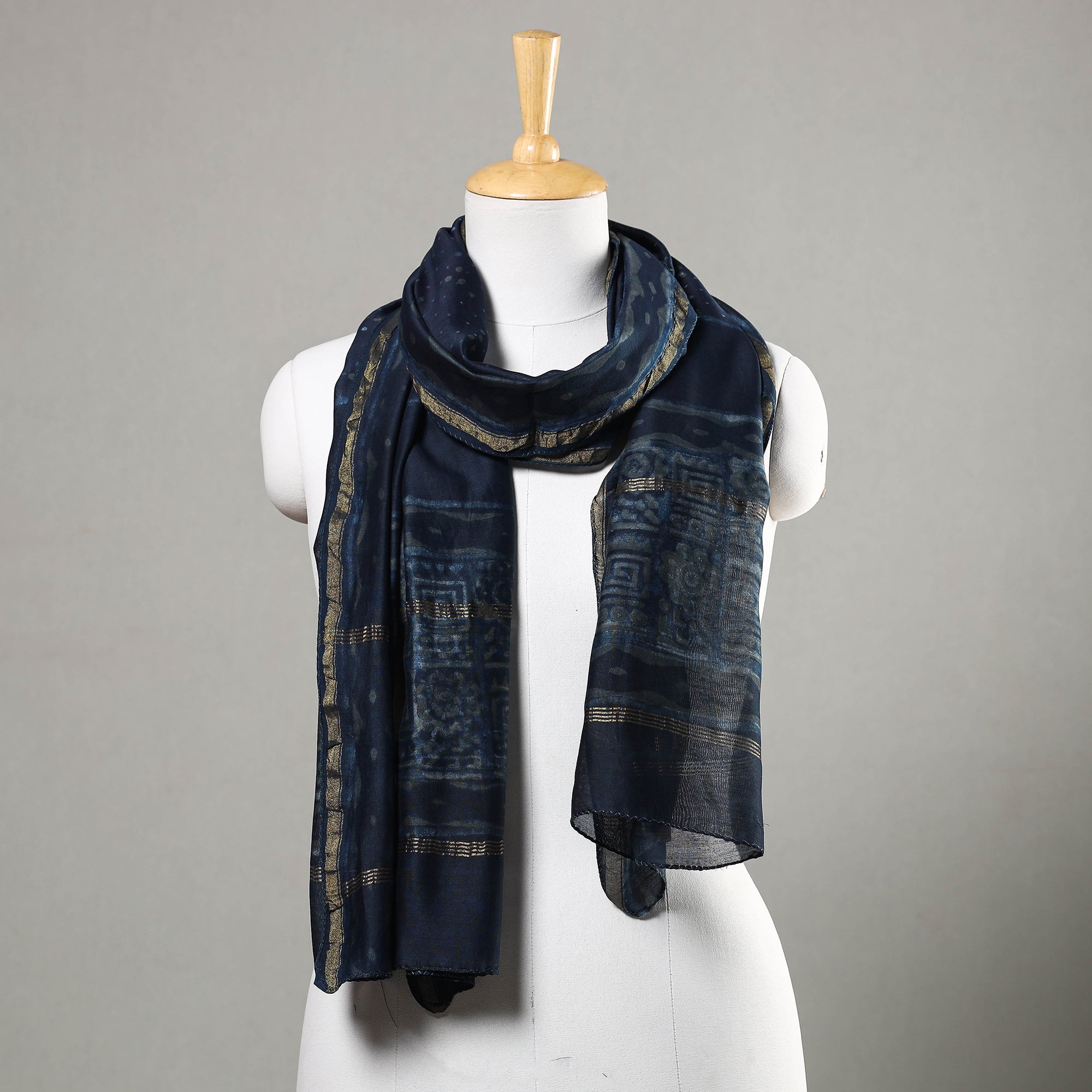 HAVELI CHRONICLES Blue - Akola Block Printed Chanderi Silk Handloom Stole with Zari Border