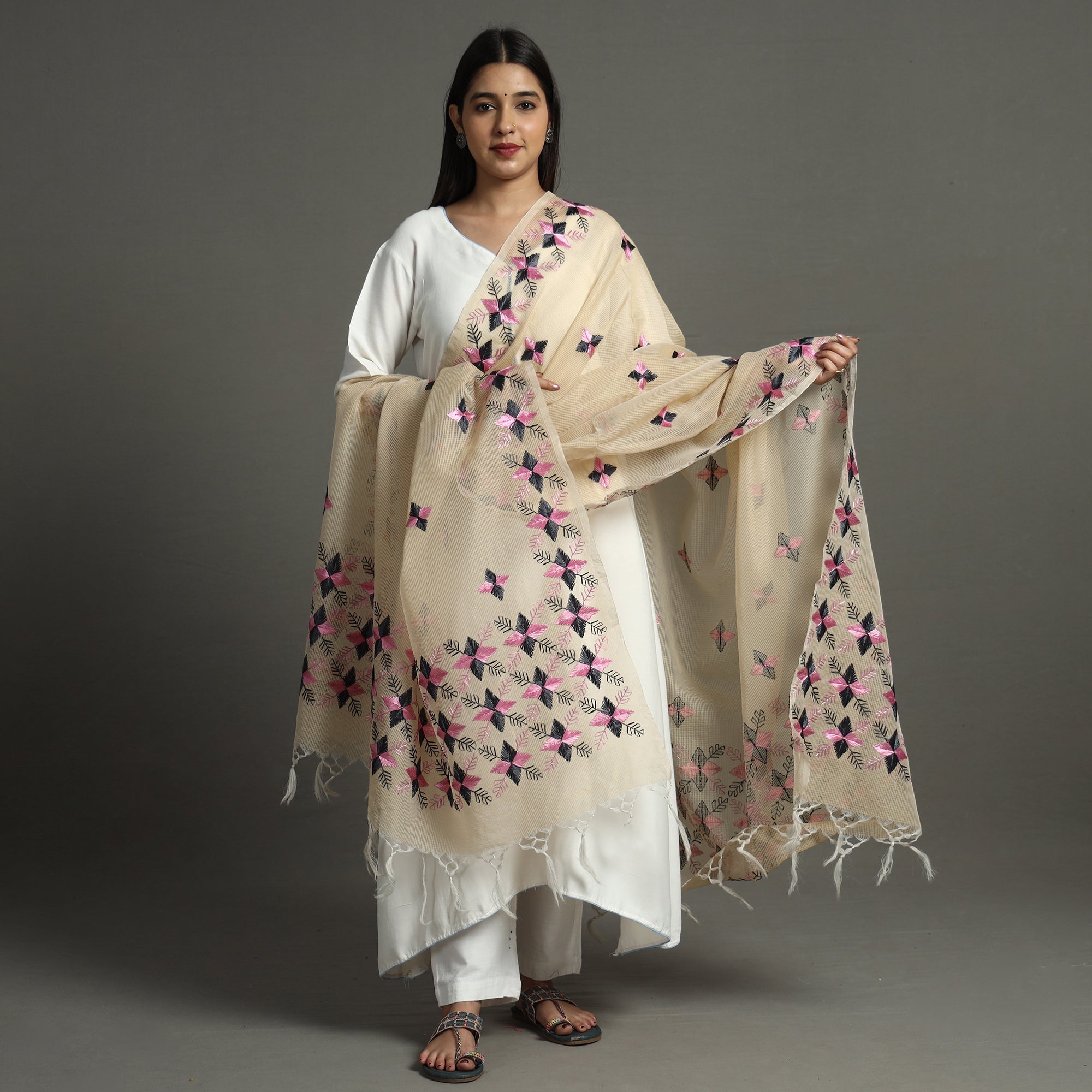 ITOKRI CRAFTS INITIATIVE Beige - Phulkari Hand Embroidery Kota Doria Chanderi Silk Dupatta with Tassels 23 - view 2