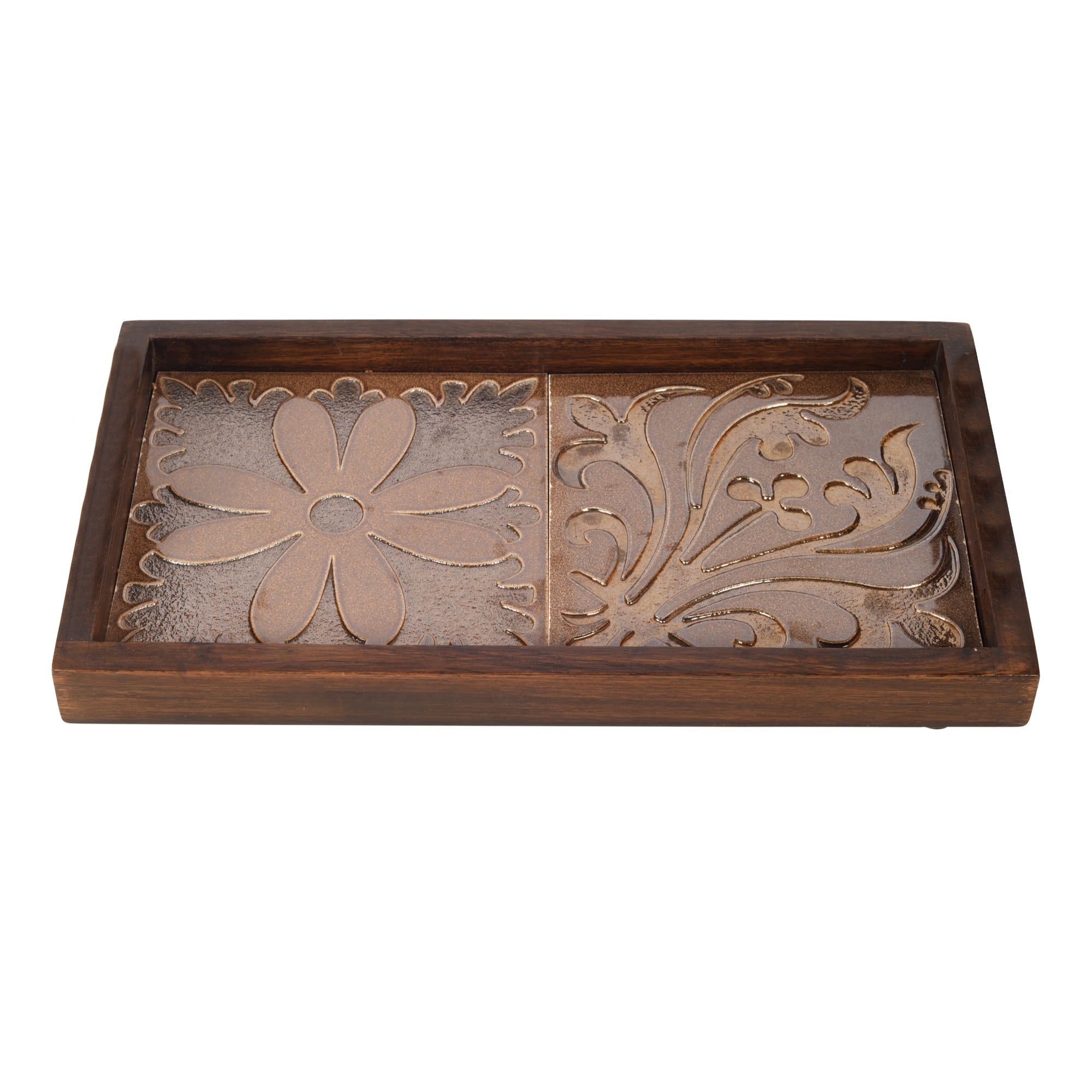 ART CREATIONS BY SUMAN SONTHALIA Brown - Mango Wood Handcrafted Floral Serenade Rectangular Tray (12 x 7.5 in) - view 3