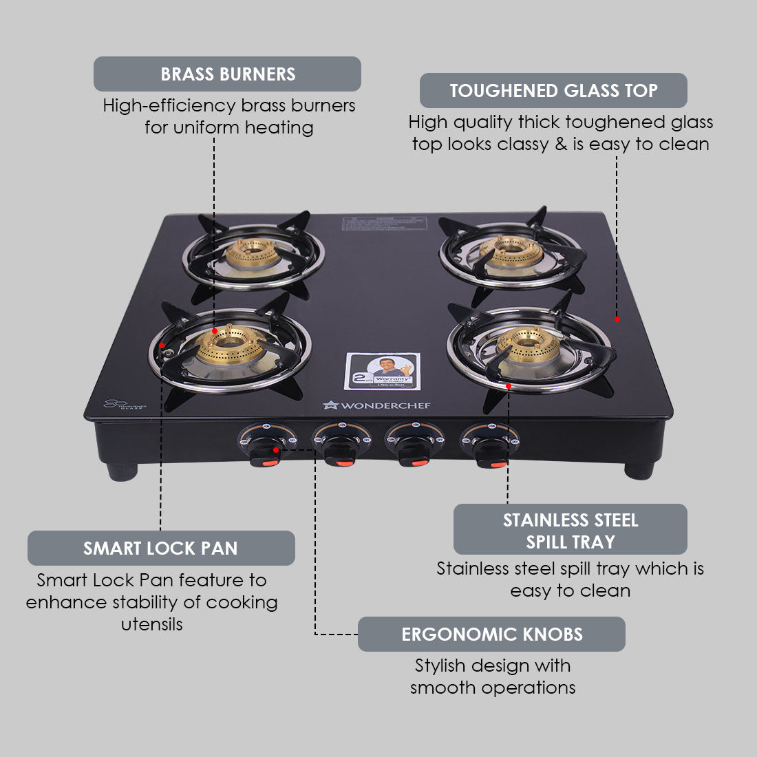 Wonderchef Ruby 4 Burner Glass Cooktop, Black Toughened Glass - view 24
