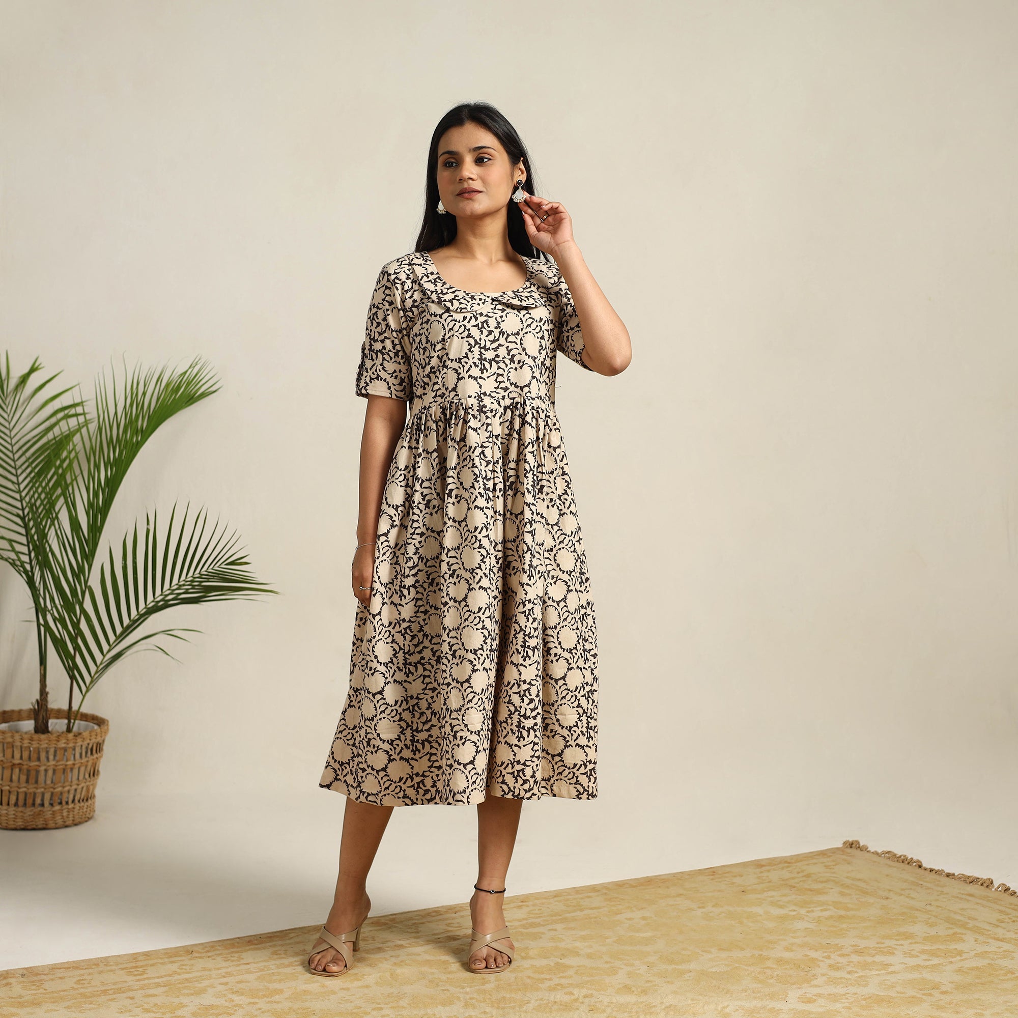 ITOKRI CASUALS Beige - Pedana Block Print Cotton Flared Kalamkari Dress 09 - view 7